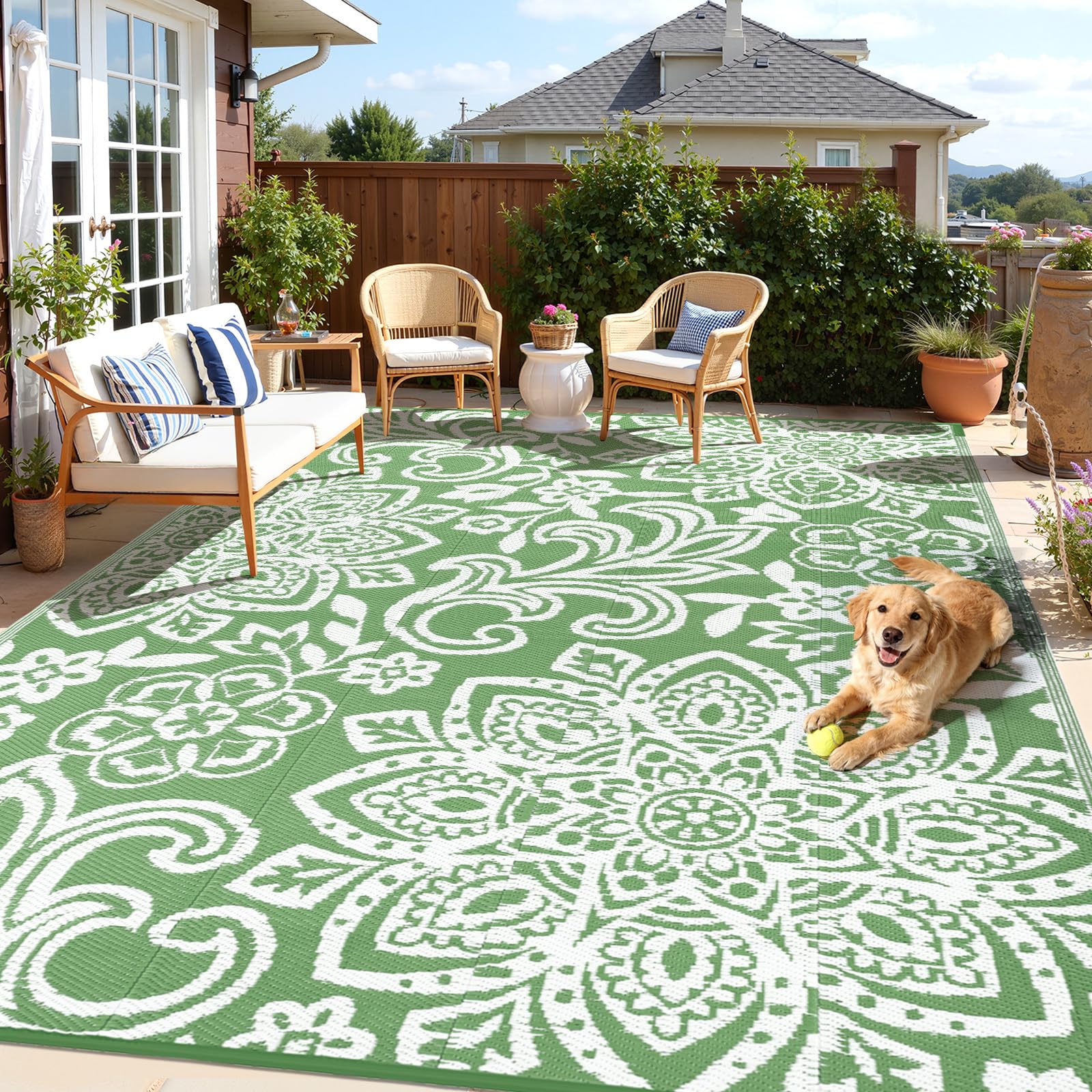 Findosom Waterproof Outdoor Rug 8' x 10' - Reversible Mandala Outdoor Plastic Straw Rug, Durable Foldable Patio Rug for RV, Deck, Balcony, Backyard, Picnic, Porch, Camping, Beach, Gray