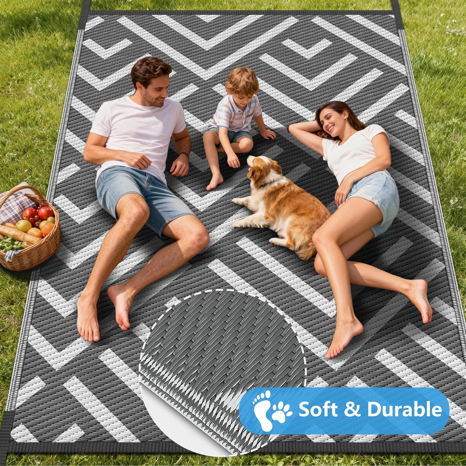Kohree Outdoor Rug 9x12 Reversible, Waterproof Outdoor Plastic Straw Rug RV Patio Mat, Non-Slip Easy-Cleaning RV Outdoor Mat Carpet for Deck, Patio, Camping, Balcony, Deck, Backyard (Grey & White)