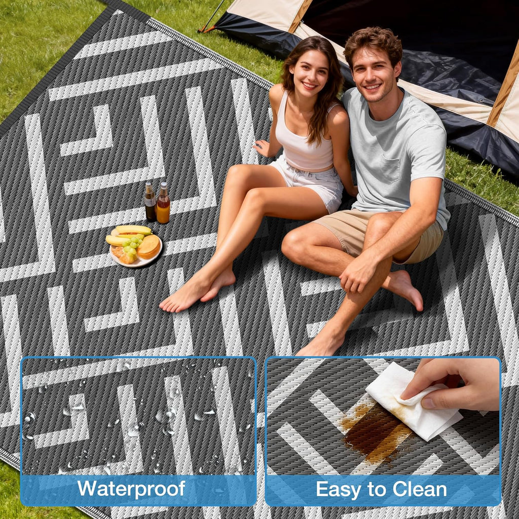 Kohree Outdoor Rug 9x12 Reversible, Waterproof Outdoor Plastic Straw Rug RV Patio Mat, Non-Slip Easy-Cleaning RV Outdoor Mat Carpet for Deck, Patio, Camping, Balcony, Deck, Backyard (Grey & White)