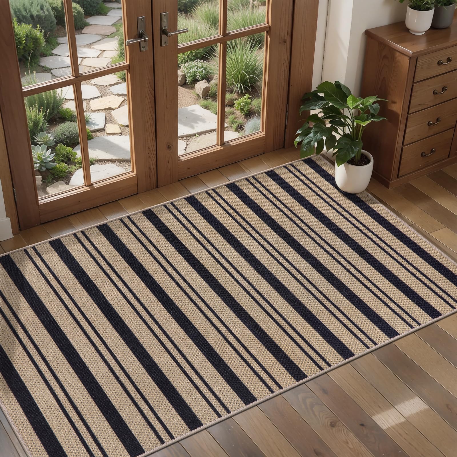 Tangsoo Rainbow Easy Jute Rug 5x7 Large Washable Area Rug for Living Room,Black Non-Slip Thin Outdoor Rug,Modern Farmhouse Indoor Carpet for Dining Room Table Bedroom Patio