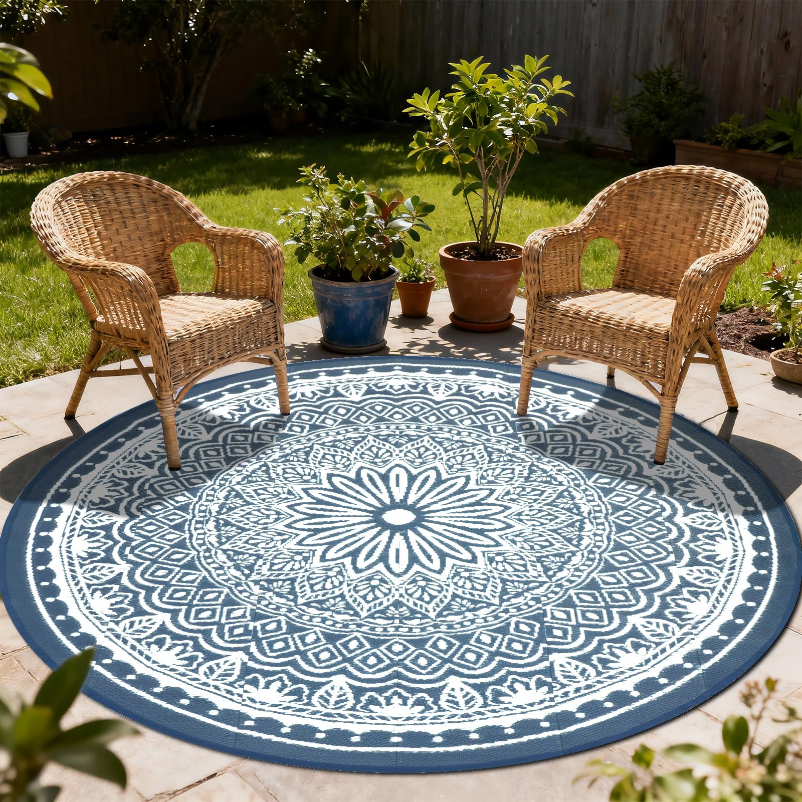 Round Outdoor Rugs 8Ft Waterproof, Outdoor Reversible Mats, Lightweight Plastic Straw Rug, Portable RV Camping Mat Floor Carpets for Deck Porch Picnic Beach Garden, Black/Camel