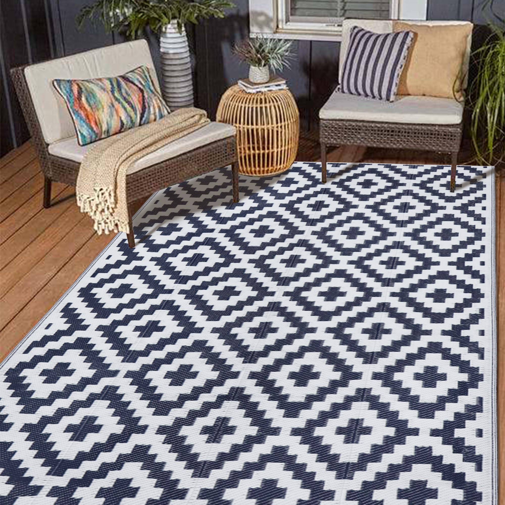 SAND MINE Waterproof Outdoor Rug 5x8 ft, Plastic Reversible Rug, Modern Area Rug, Large Floor Mat for Outdoors, RV, Patio, Backyard, Deck, Picnic, Beach, Camping, Black & Beige