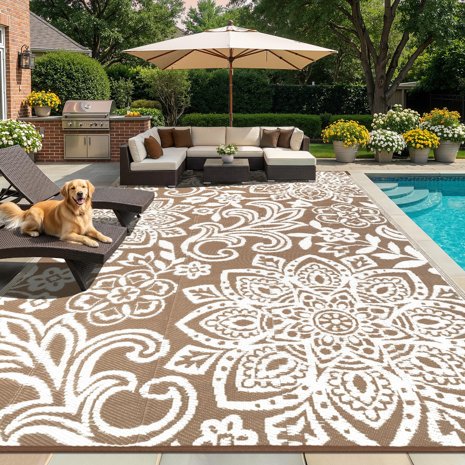 Findosom Waterproof Outdoor Rug 8' x 10' - Reversible Mandala Outdoor Plastic Straw Rug, Durable Foldable Patio Rug for RV, Deck, Balcony, Backyard, Picnic, Porch, Camping, Beach, Gray
