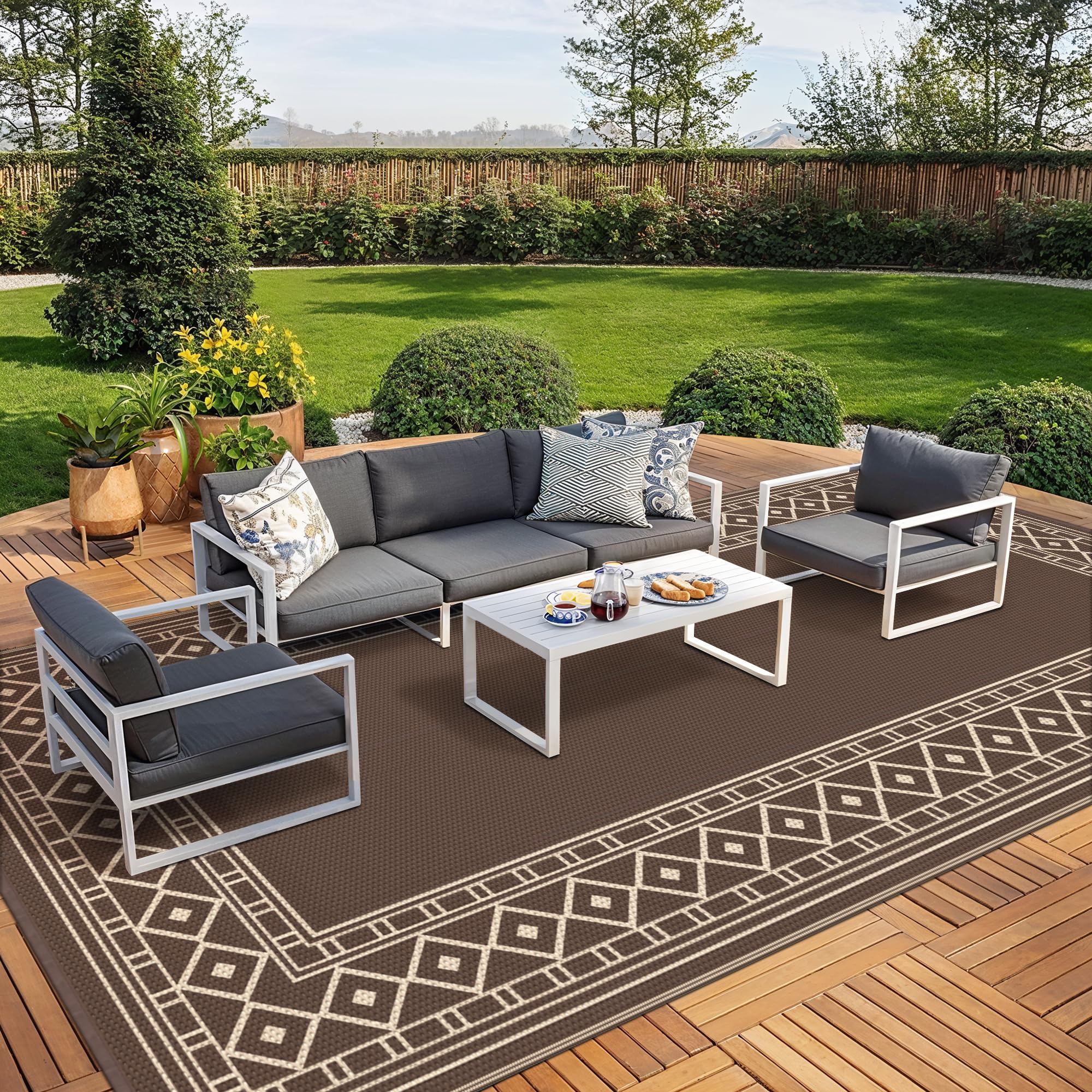 GENIMO Outdoor Rug Waterproof for Patio Decor, 5'x8' Reversible Plastic Straw Rug Carpet, Camping Mat for Outdoor, RV, Backyard, Deck, Balcony, Picnic, Beach, Coffee & Beige