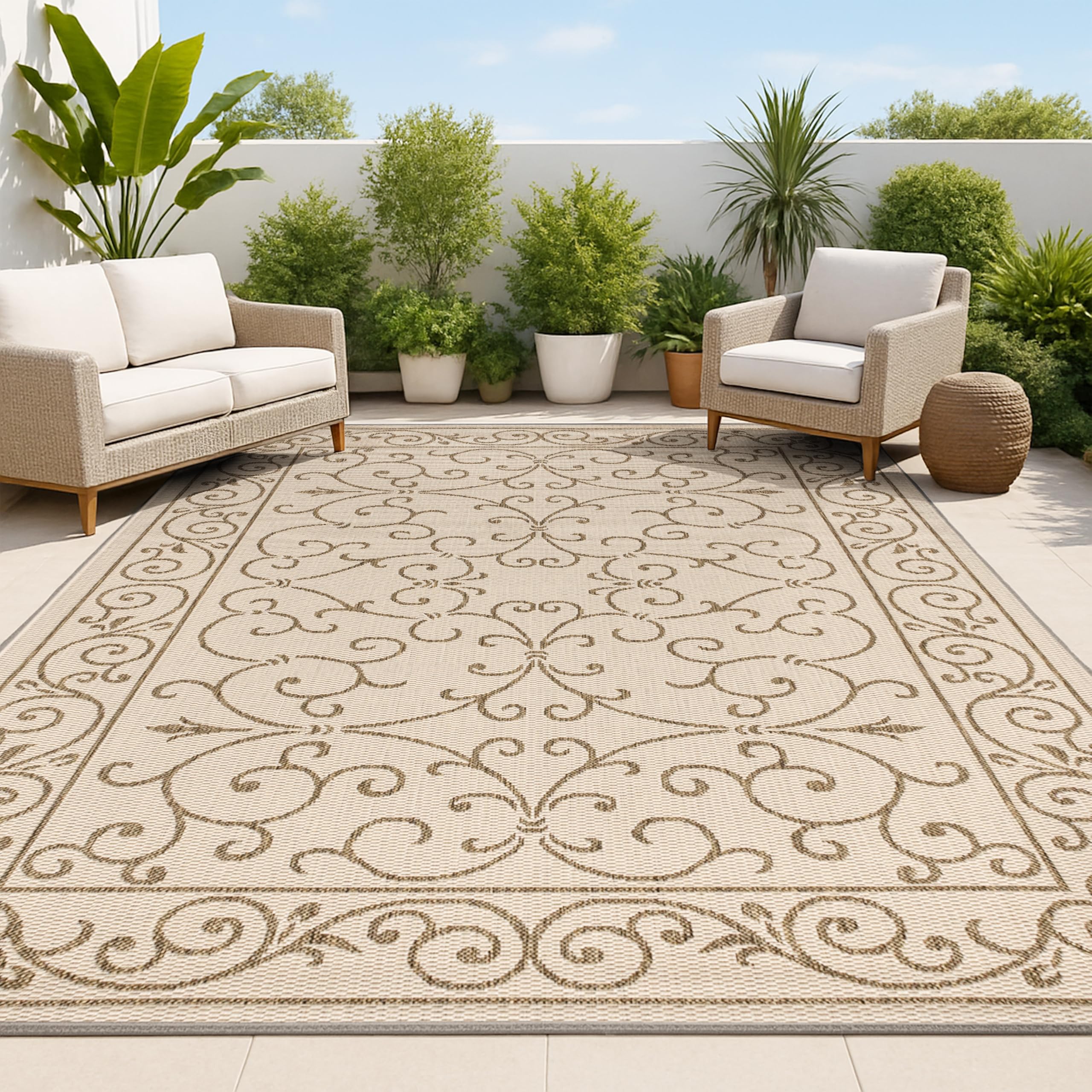 JONATHAN Y Vintage Filigree Indoor Outdoor Area Rug 5X8 Red/Beige, Charleston Textured Weave for Backyard, Patio, Porch, Easy-Cleaning, High Traffic, Pet-Friendly, Non-Shedding (SMB106B-5)