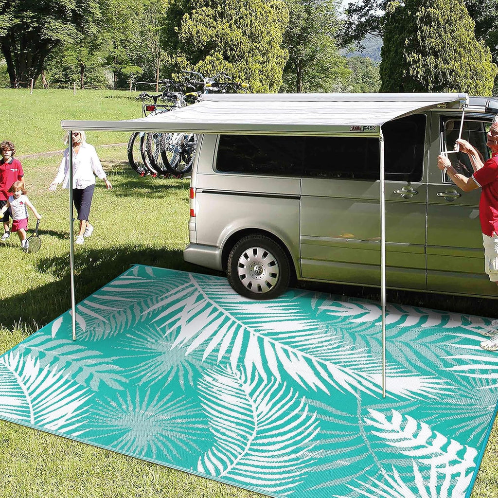 Outdoor Rug for Patios Clearance, 6x9 Waterproof RV Rugs for Outside, Reversible Plastic Straw Mat Large Quick Drying Outdoor Rugs for Deck Trailers Campers Porch Beach Backyard,Teal & White