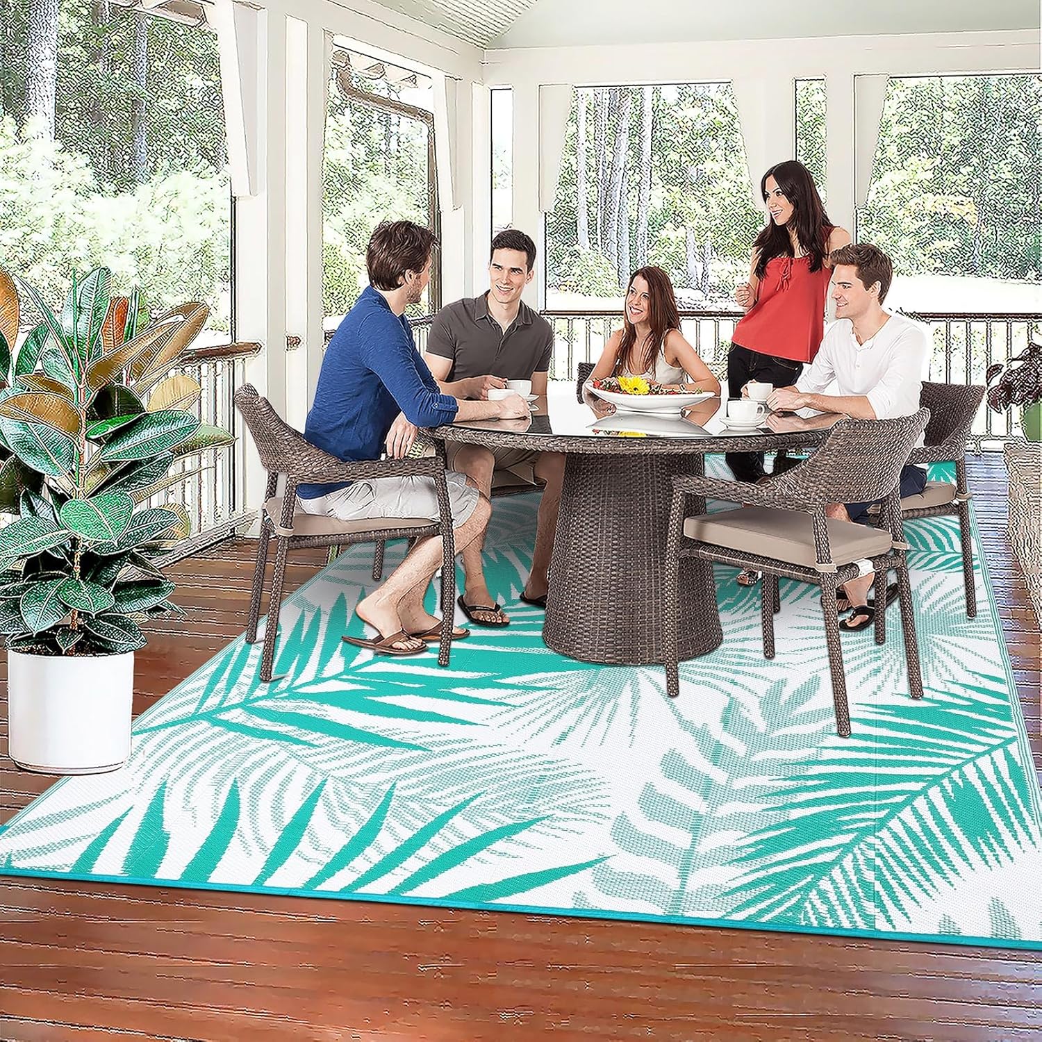 Outdoor Rug for Patios Clearance, 6x9 Waterproof RV Rugs for Outside, Reversible Plastic Straw Mat Large Quick Drying Outdoor Rugs for Deck Trailers Campers Porch Beach Backyard,Teal & White