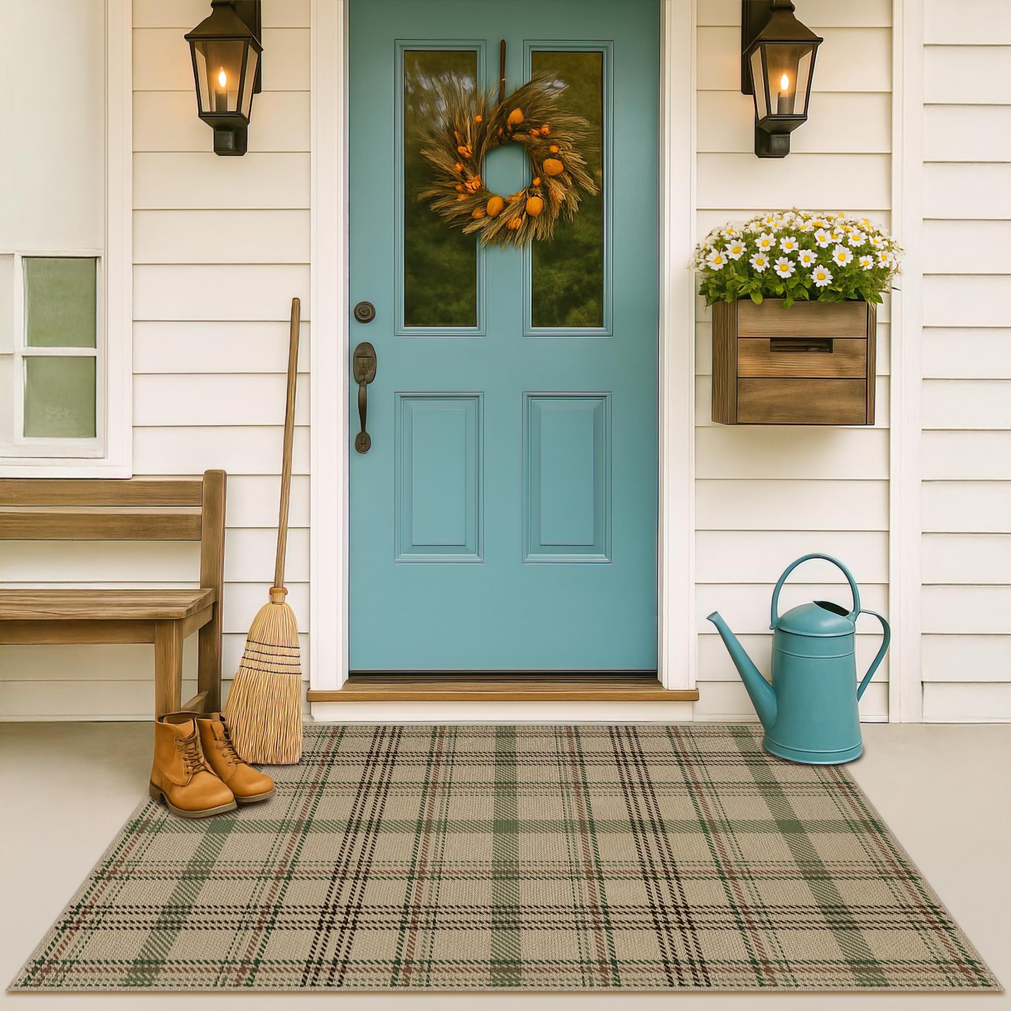 Washable Plaid Indoor Outdoor Rug 3x5 for Front Porch, Entryway, Patio, No Shed Easy Jute Non Slip TPR Backing Area Rug for Large Kitchen, Farmhouse Black & Tan Checkered Seegrass Aesthetic