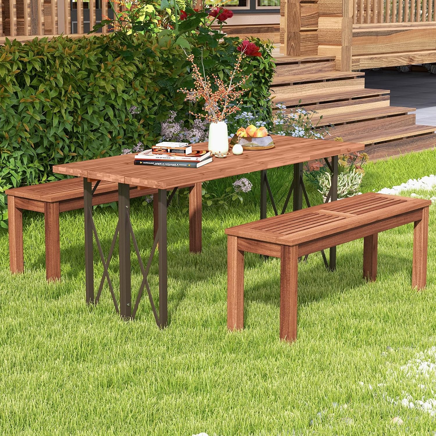 Wooden Outdoor Bench, 2-Seater Backless Garden Bench, Solid Weatherproof Wood Frame for Outdoors, 39.5” Long Slatted Patio Bench for Entryway, Porch, Backyard, Lawn, Natural