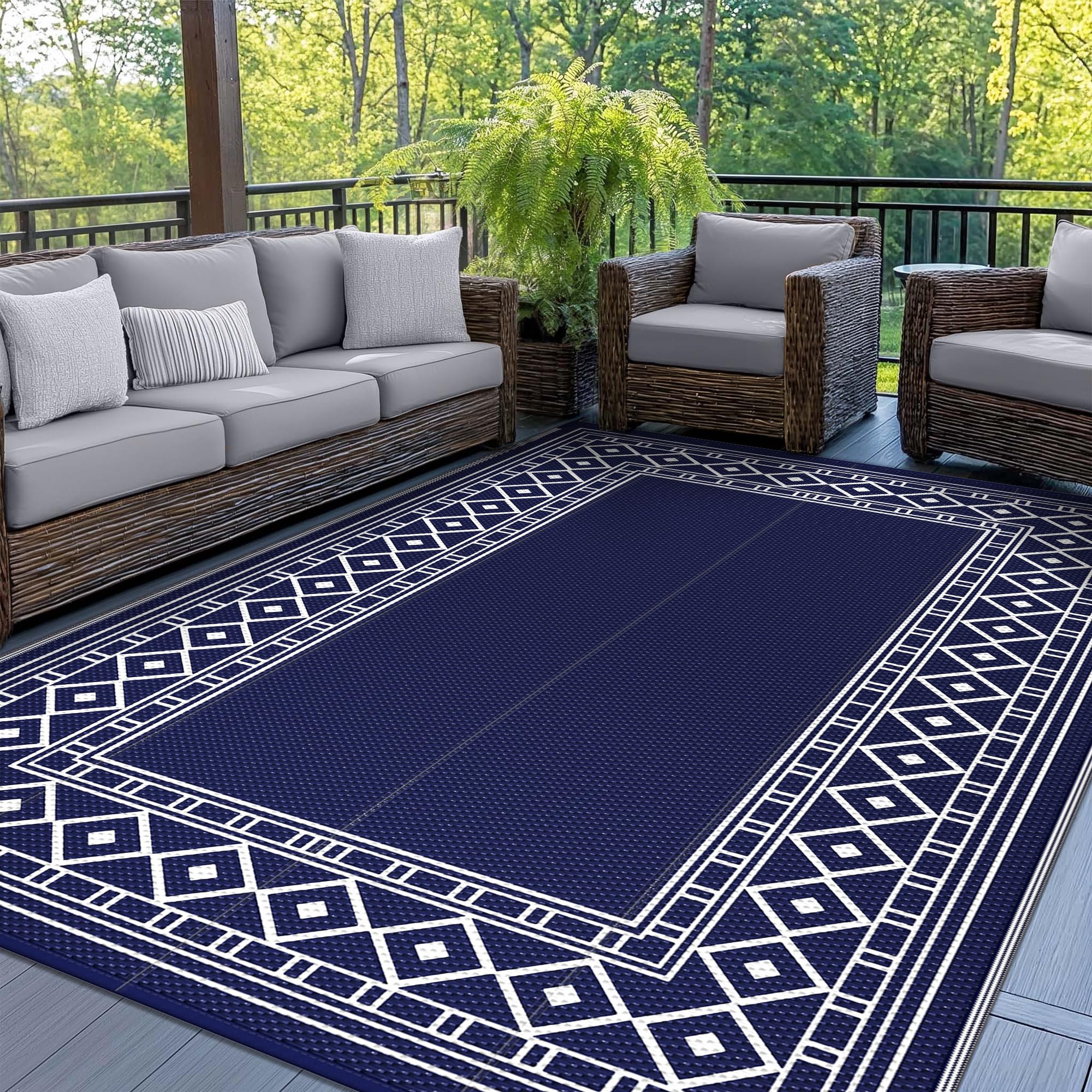 GENIMO Outdoor Rug Waterproof for Patio Decor, 5'x8' Reversible Plastic Straw Rug Carpet, Camping Mat for Outdoor, RV, Backyard, Deck, Balcony, Picnic, Beach, Coffee & Beige