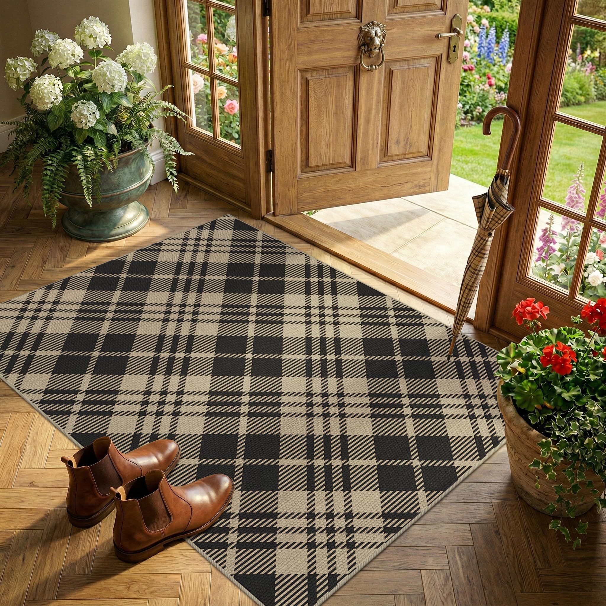 Washable Plaid Indoor Outdoor Rug 3x5 for Front Porch, Entryway, Patio, No Shed Easy Jute Non Slip TPR Backing Area Rug for Large Kitchen, Farmhouse Black & Tan Checkered Seegrass Aesthetic