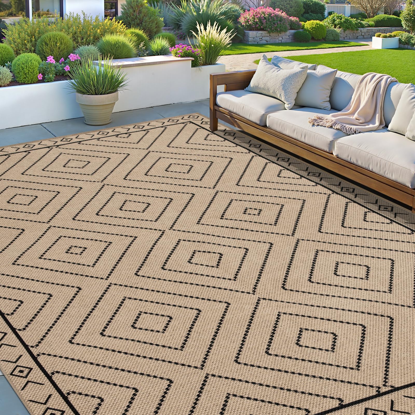Tangsoo Rainbow Easy Jute Rug 5x7 Large Washable Area Rug for Living Room,Black Non-Slip Thin Outdoor Rug,Modern Farmhouse Indoor Carpet for Dining Room Table Bedroom Patio