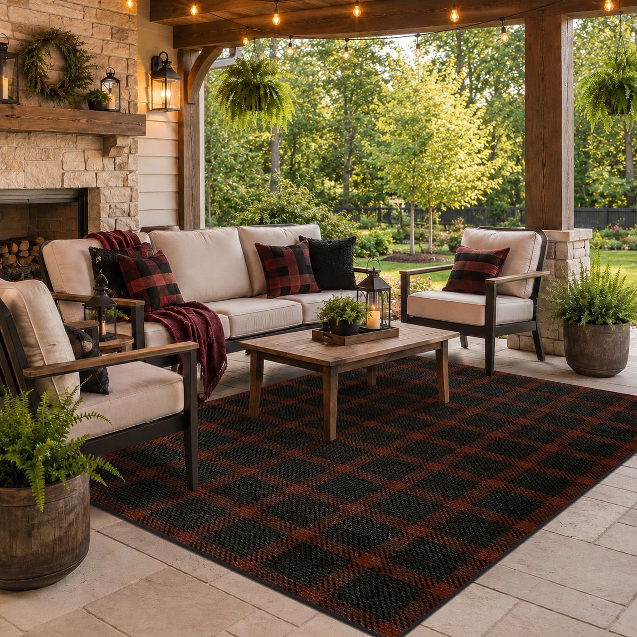 Washable Plaid Indoor Outdoor Rug 3x5 for Front Porch, Entryway, Patio, No Shed Easy Jute Non Slip TPR Backing Area Rug for Large Kitchen, Farmhouse Black & Tan Checkered Seegrass Aesthetic