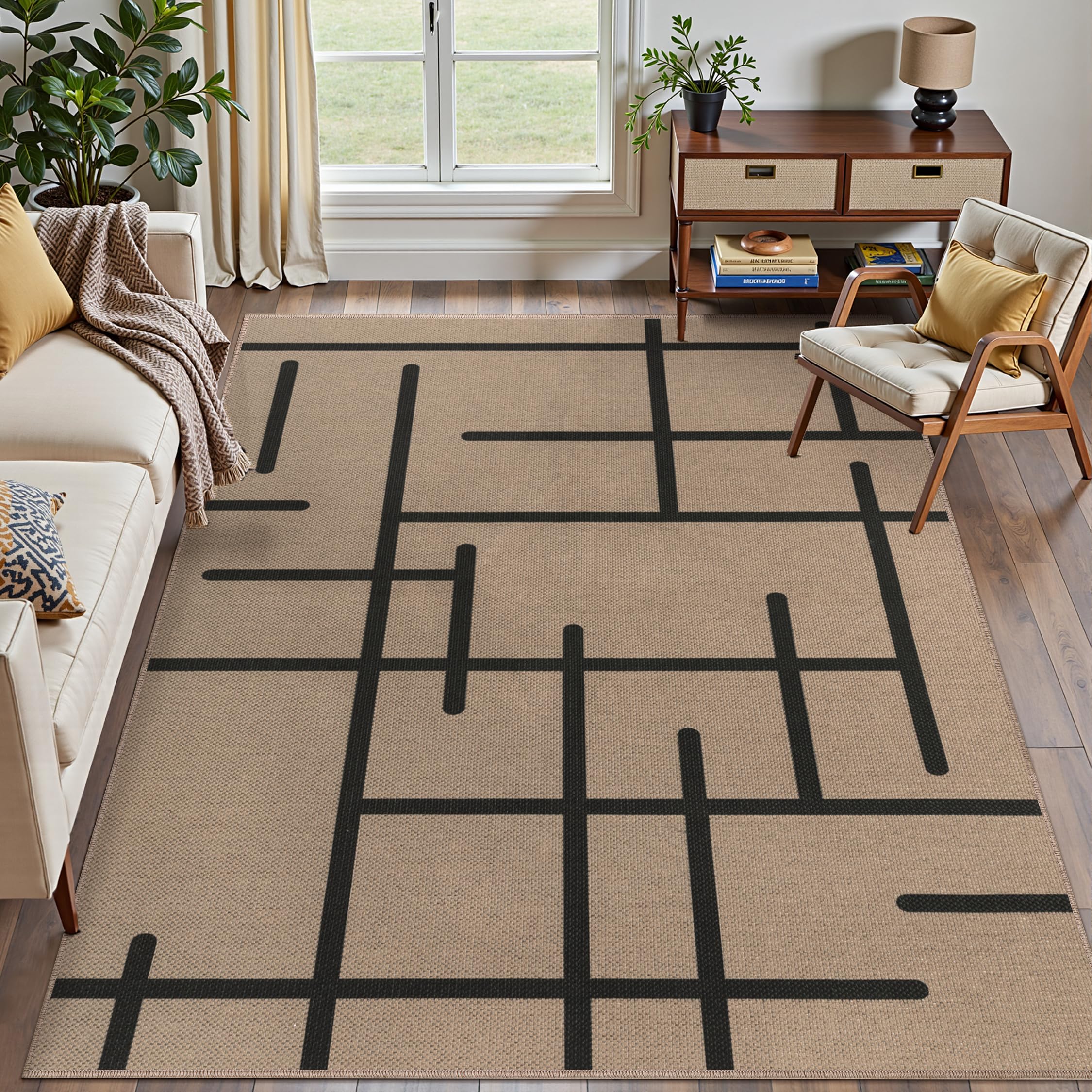 Tangsoo Rainbow Easy Jute Rug 5x7 Large Washable Area Rug for Living Room,Black Non-Slip Thin Outdoor Rug,Modern Farmhouse Indoor Carpet for Dining Room Table Bedroom Patio
