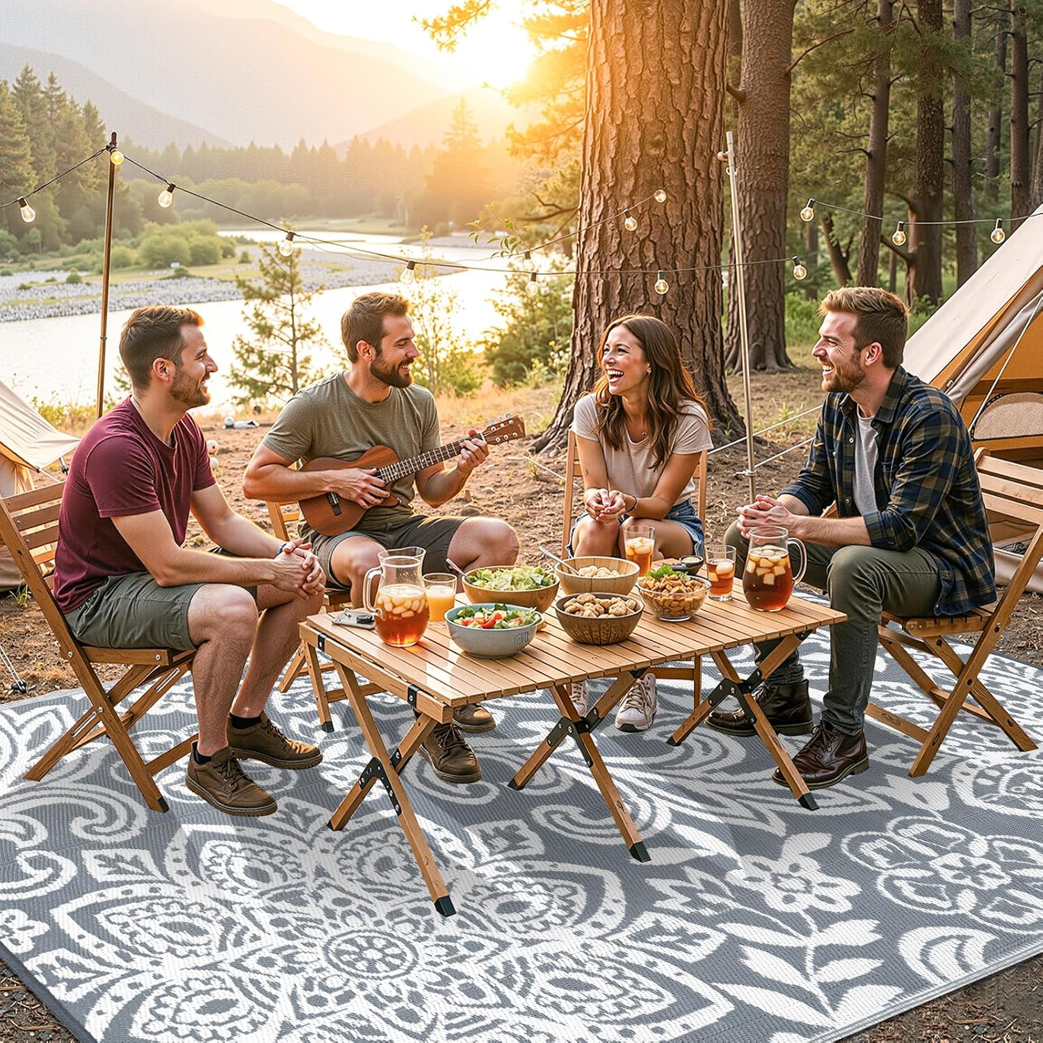 Findosom Waterproof Outdoor Rug 8' x 10' - Reversible Mandala Outdoor Plastic Straw Rug, Durable Foldable Patio Rug for RV, Deck, Balcony, Backyard, Picnic, Porch, Camping, Beach, Gray