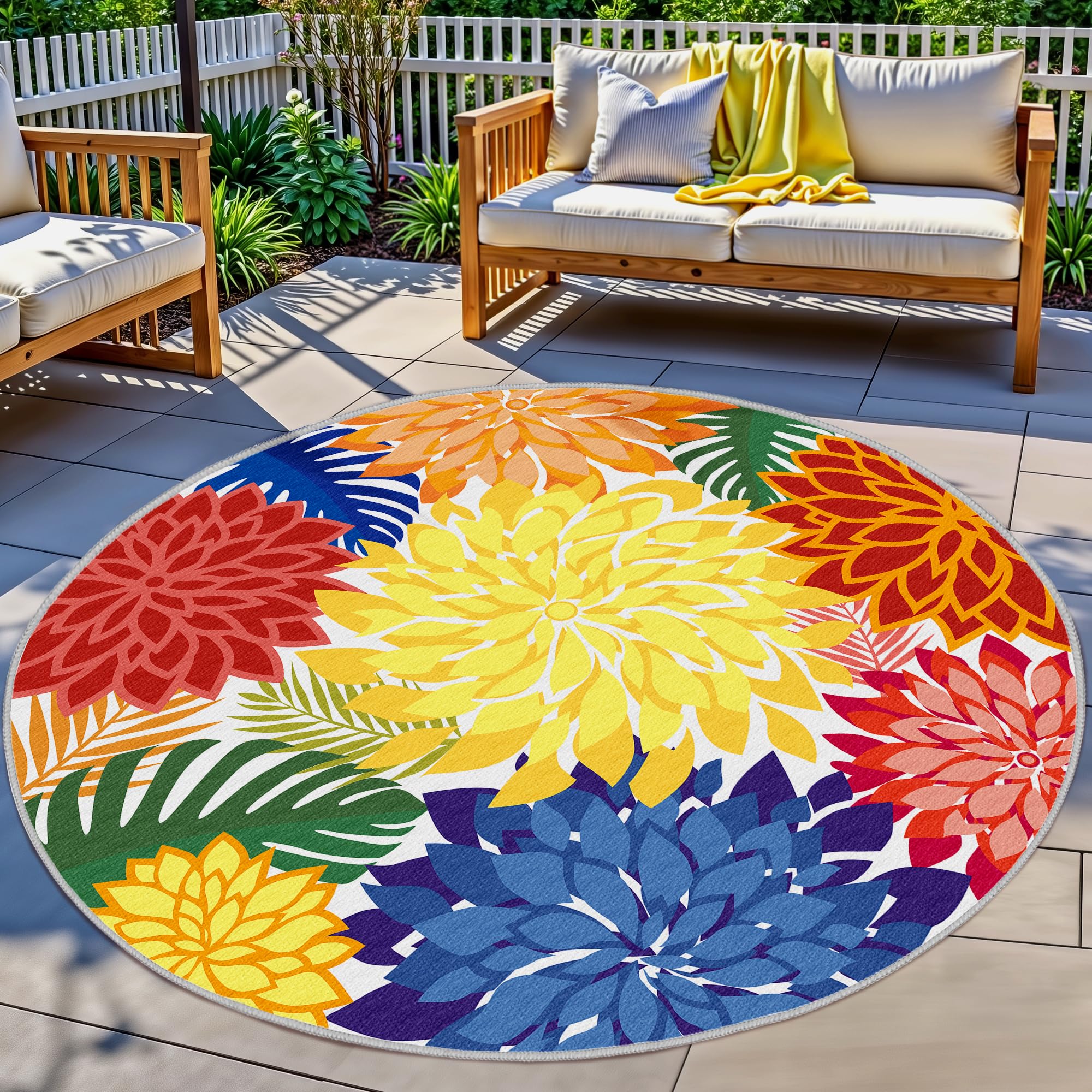 Colorful 5x8 Outdoor Area Rug Washable Multicolored Patio Rug Tropical Botanical Floral Chenille Waterproof Outdoor Carpet for Living Room, Deck, Backyard, Porch, Rainbow