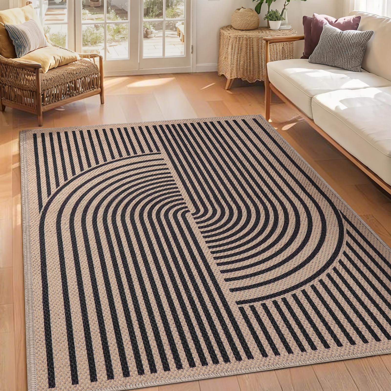 Tangsoo Rainbow Easy Jute Rug 5x7 Large Washable Area Rug for Living Room,Black Non-Slip Thin Outdoor Rug,Modern Farmhouse Indoor Carpet for Dining Room Table Bedroom Patio