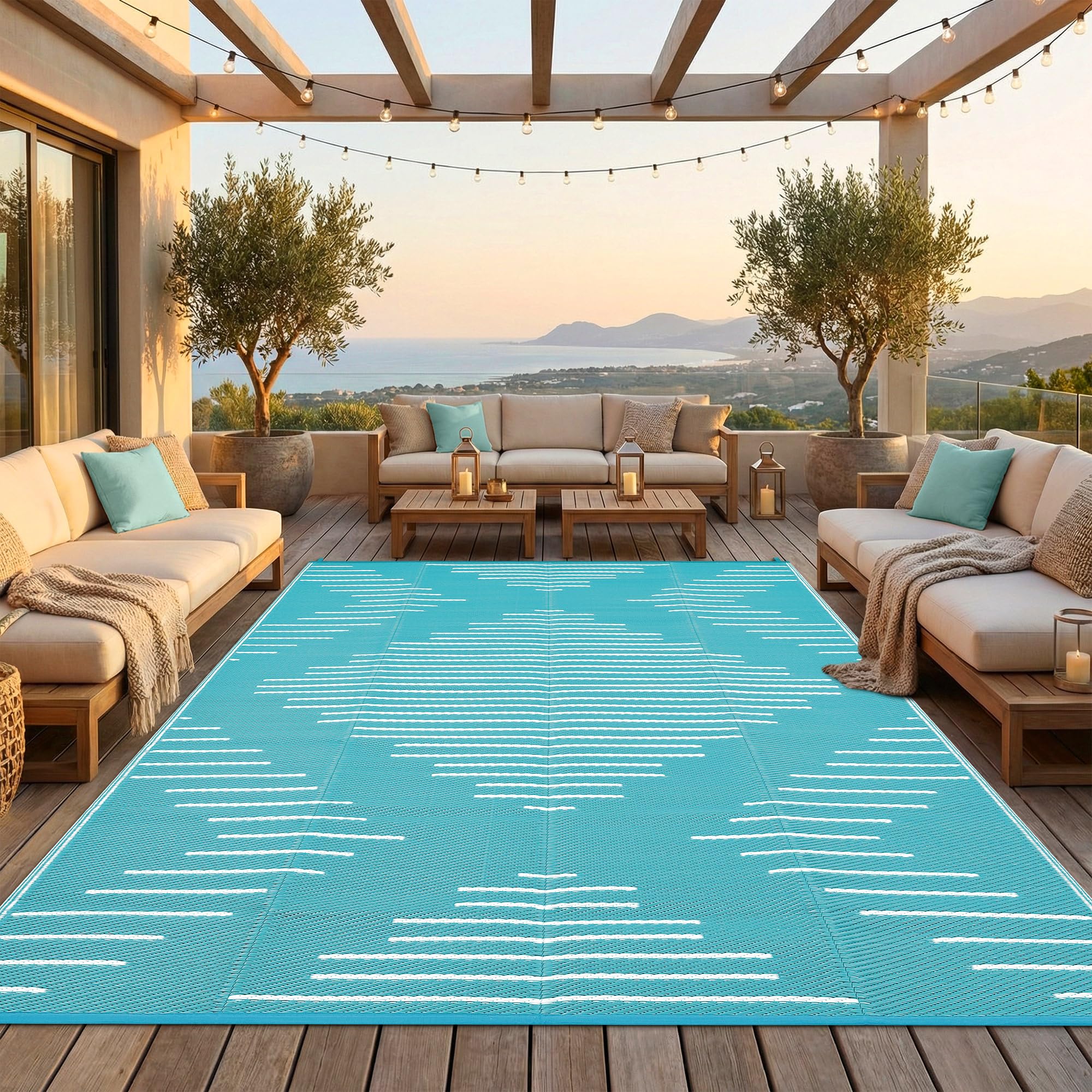 Garvee 6x9 Area Rugs Plastic Reversible Patio Rugs Outdoor Waterproof Easy-Cleaning Large Floor Mat for Outdoors Backyard Porch RV Beach Picnic Black White