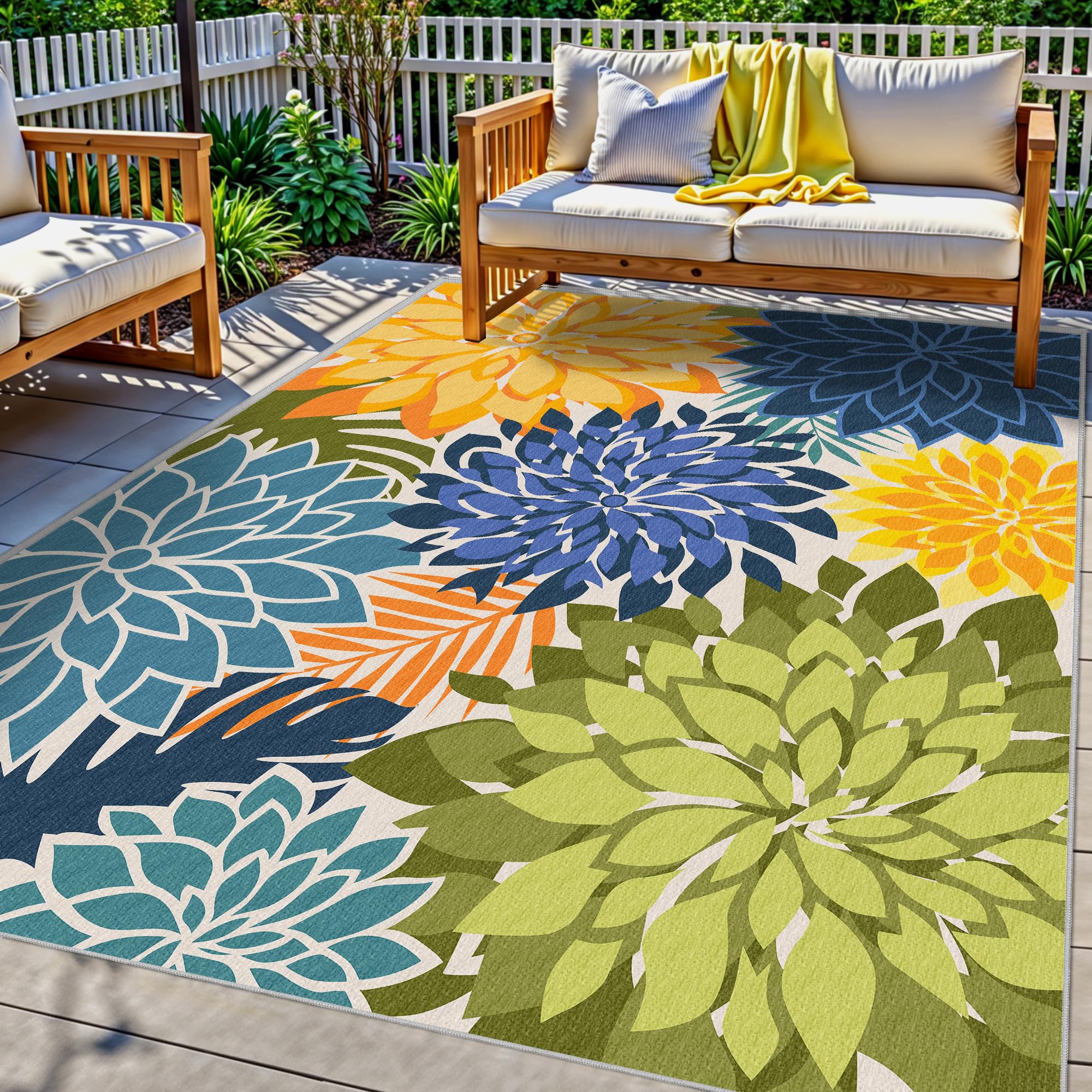 Colorful 5x8 Outdoor Area Rug Washable Multicolored Patio Rug Tropical Botanical Floral Chenille Waterproof Outdoor Carpet for Living Room, Deck, Backyard, Porch, Rainbow