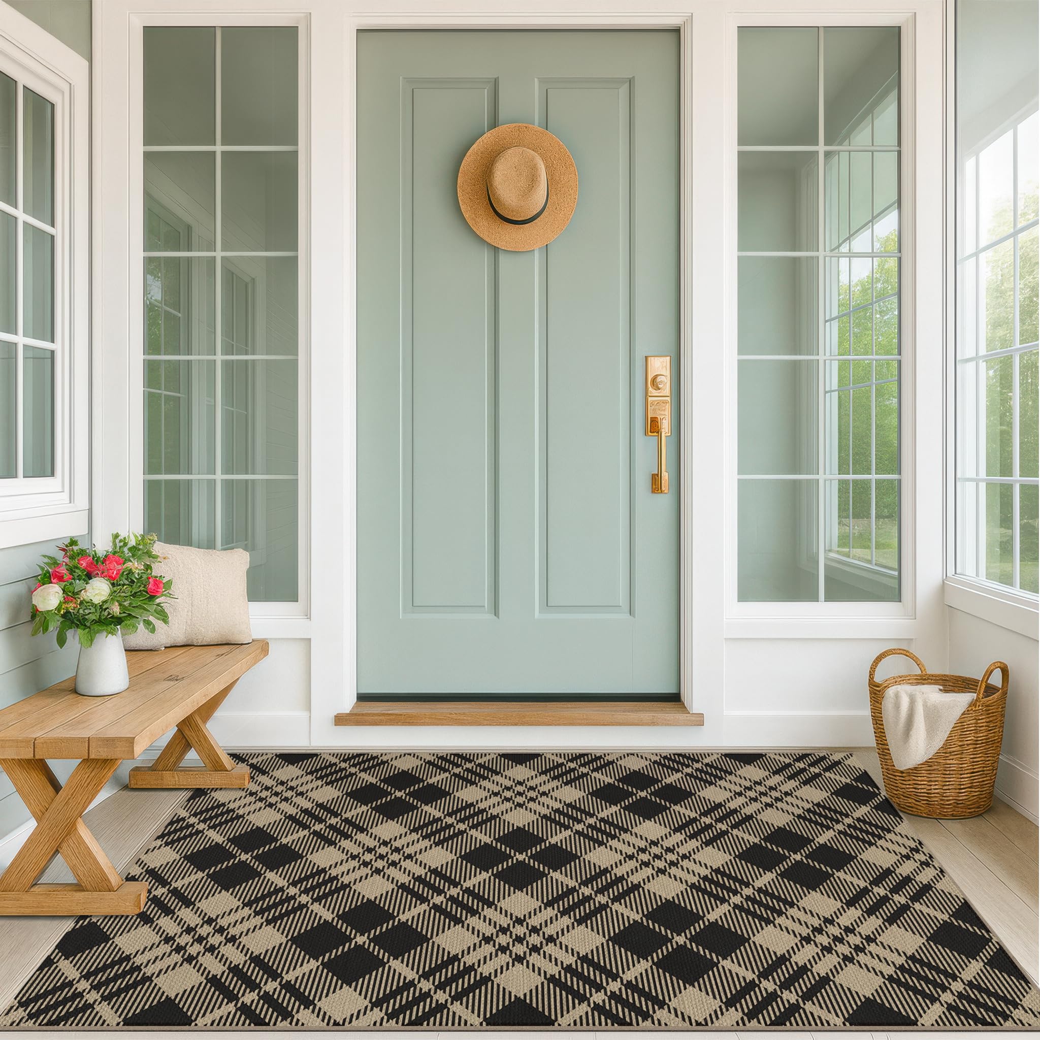 Washable Plaid Indoor Outdoor Rug 3x5 for Front Porch, Entryway, Patio, No Shed Easy Jute Non Slip TPR Backing Area Rug for Large Kitchen, Farmhouse Black & Tan Checkered Seegrass Aesthetic