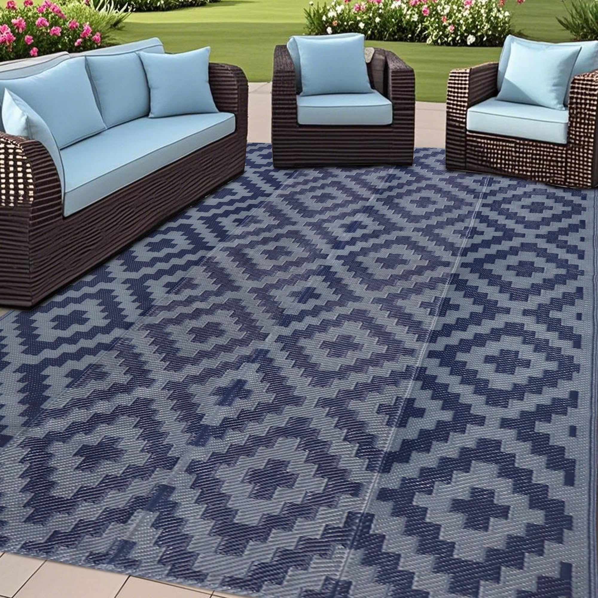 SAND MINE Waterproof Outdoor Rug 5x8 ft, Plastic Reversible Rug, Modern Area Rug, Large Floor Mat for Outdoors, RV, Patio, Backyard, Deck, Picnic, Beach, Camping, Black & Beige