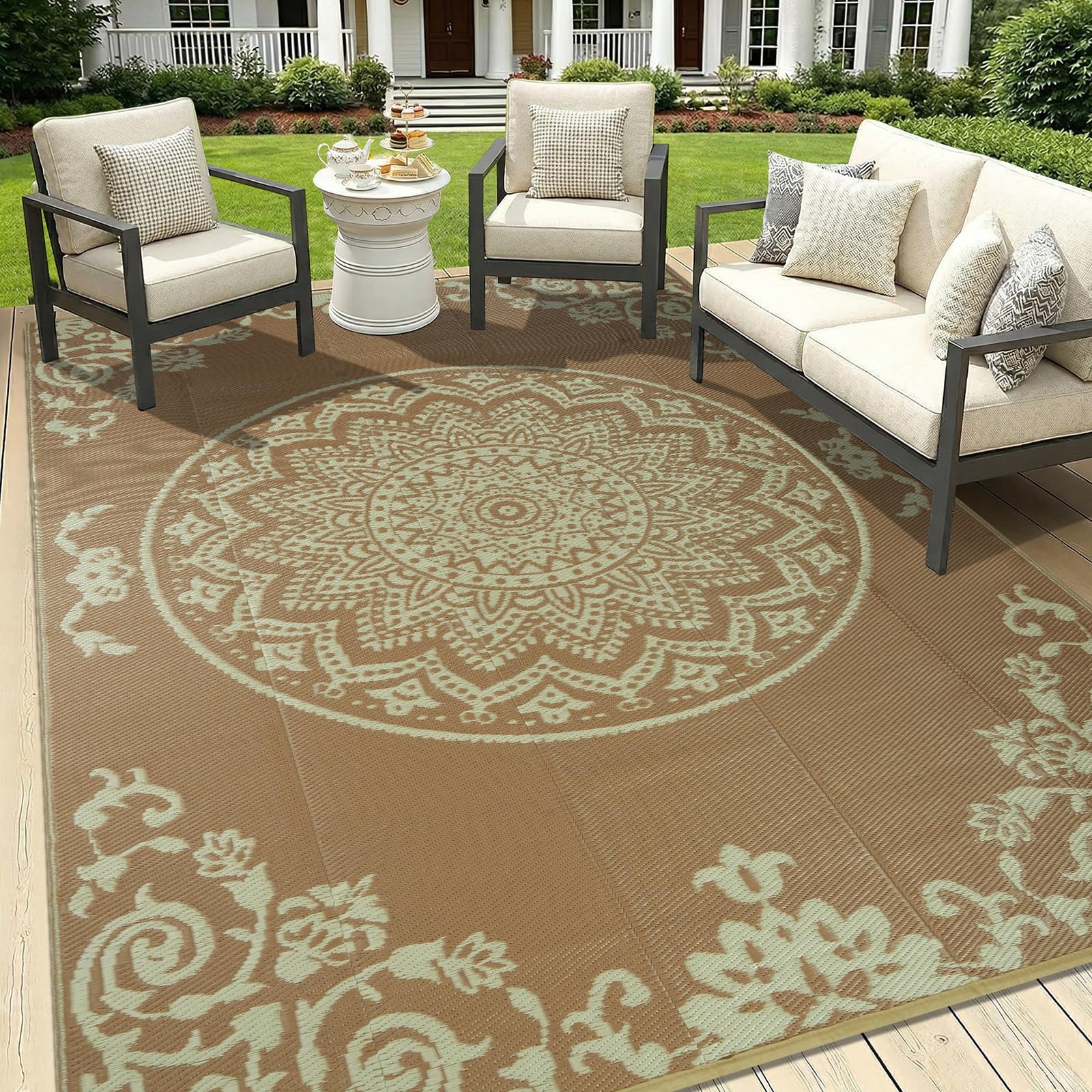 famibay Outdoor Rug Waterproof 5x8 ft, Reversible Outdoor Plastic Straw Rug, UV-Resistant Patio Rug Lightweight Portable RV Mat Indoor Outdoor Carpet for Camping, Balcony, Deck, Backyard, Picnic
