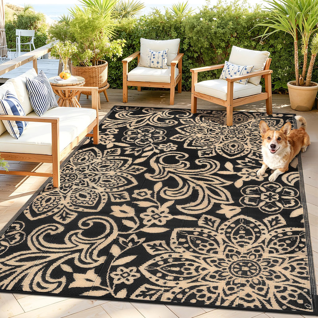 Findosom Waterproof Outdoor Rug 8' x 10' - Reversible Mandala Outdoor Plastic Straw Rug, Durable Foldable Patio Rug for RV, Deck, Balcony, Backyard, Picnic, Porch, Camping, Beach, Gray