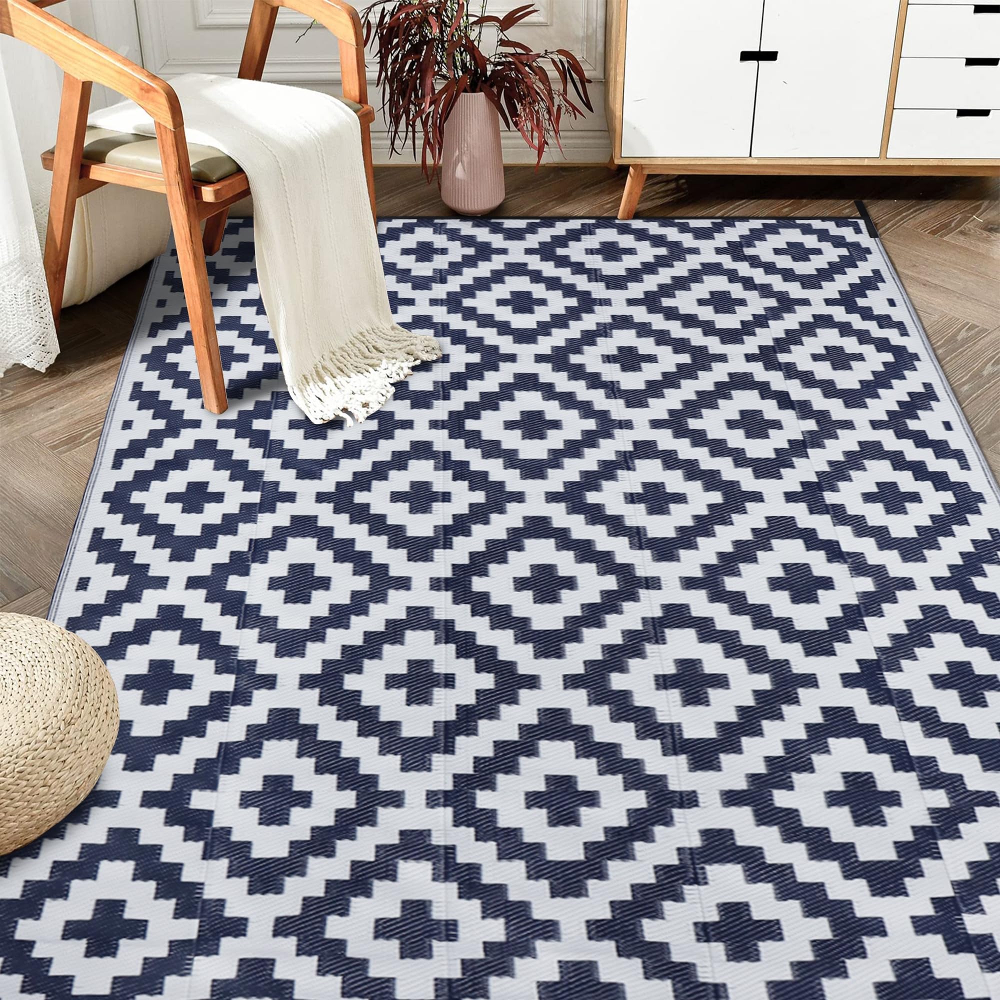 SAND MINE Waterproof Outdoor Rug 5x8 ft, Plastic Reversible Rug, Modern Area Rug, Large Floor Mat for Outdoors, RV, Patio, Backyard, Deck, Picnic, Beach, Camping, Black & Beige