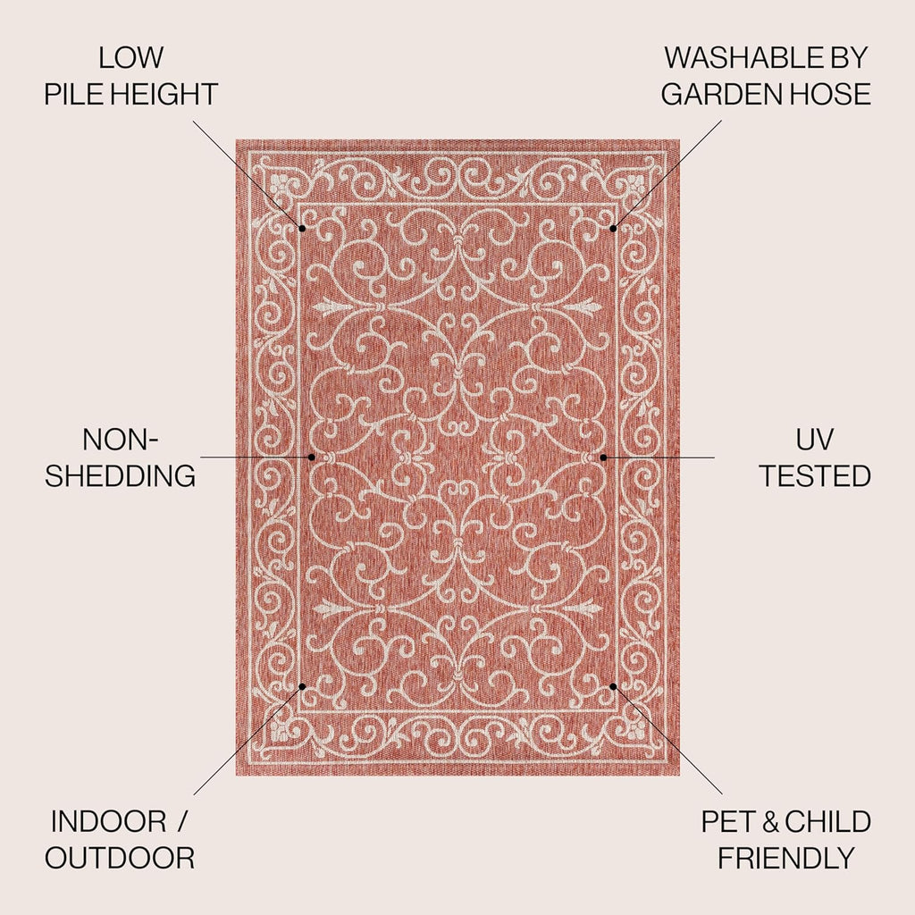 JONATHAN Y Vintage Filigree Indoor Outdoor Area Rug 5X8 Red/Beige, Charleston Textured Weave for Backyard, Patio, Porch, Easy-Cleaning, High Traffic, Pet-Friendly, Non-Shedding (SMB106B-5)