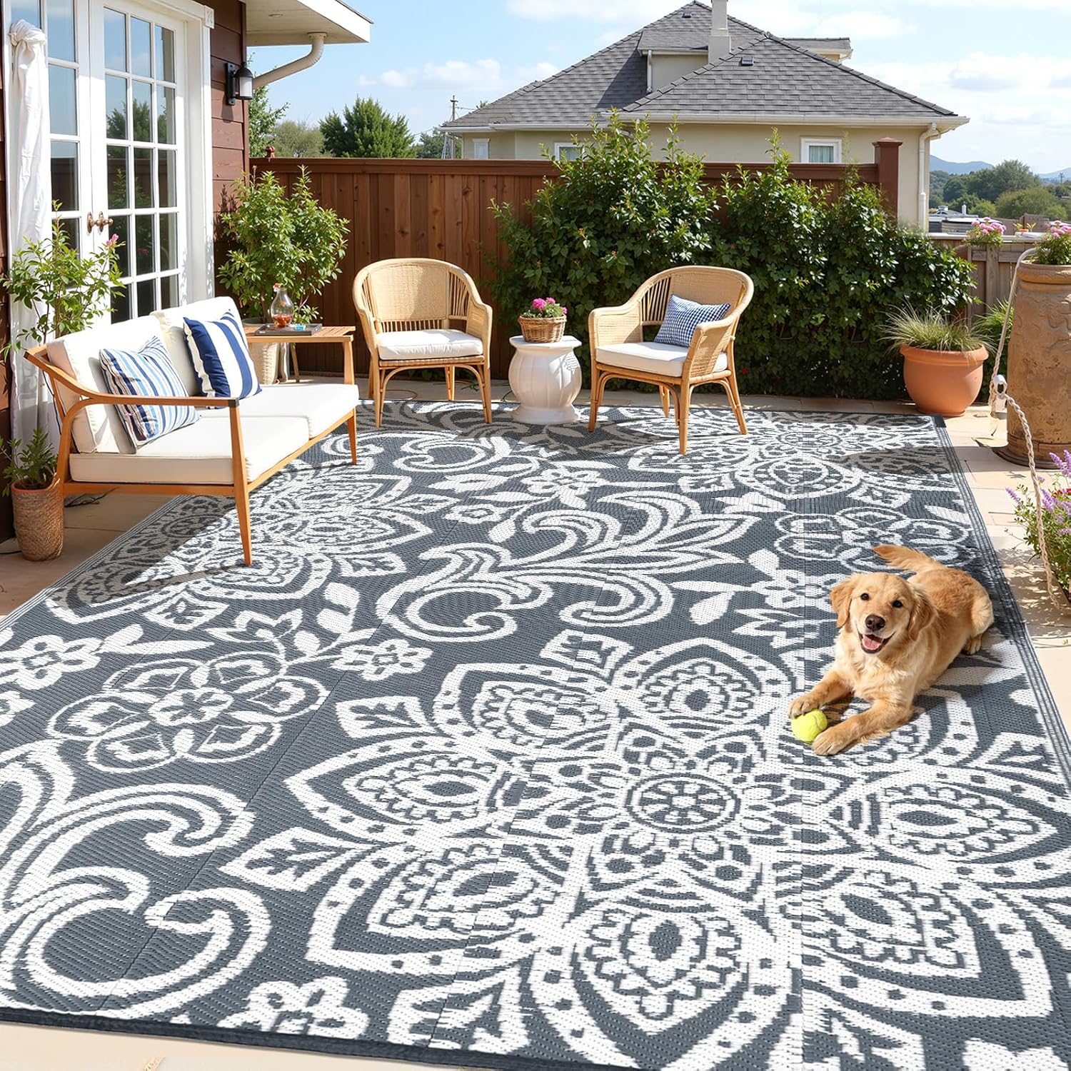 Findosom Waterproof Outdoor Rug 8' x 10' - Reversible Mandala Outdoor Plastic Straw Rug, Durable Foldable Patio Rug for RV, Deck, Balcony, Backyard, Picnic, Porch, Camping, Beach, Gray