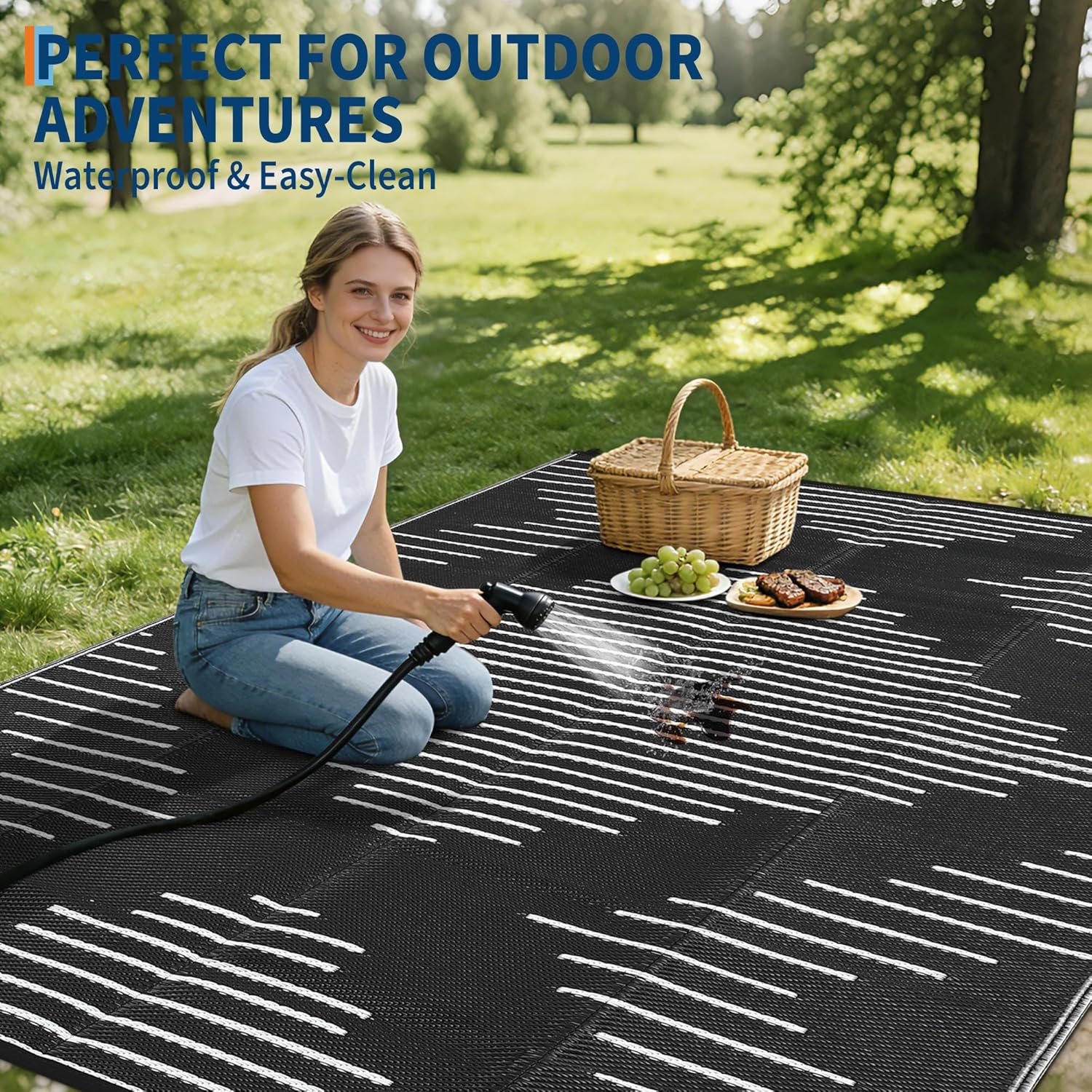 Garvee 6x9 Area Rugs Plastic Reversible Patio Rugs Outdoor Waterproof Easy-Cleaning Large Floor Mat for Outdoors Backyard Porch RV Beach Picnic Black White