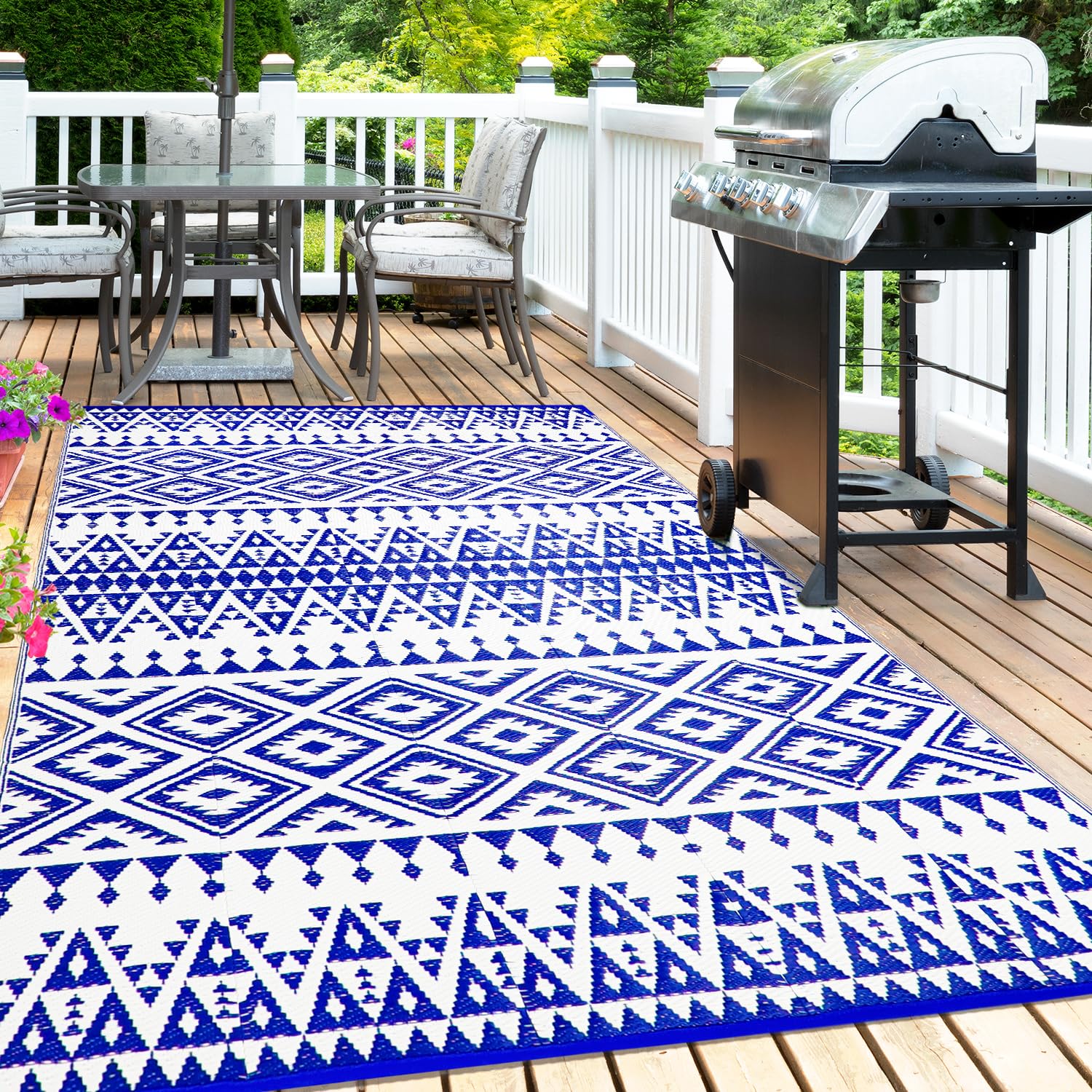 Waterproof Outdoor Rug 5x8ft, Bohemia Reversible Plastic Straw Mat for Patio RV Deck Porch Backyard Balcony Camping Picnic Beach Indoor Outdoor Carpet, Black&White
