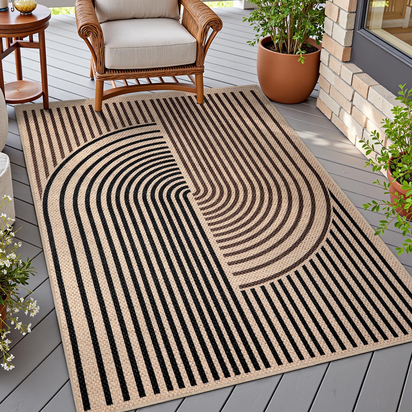 Tangsoo Rainbow Easy Jute Rug 5x7 Large Washable Area Rug for Living Room,Black Non-Slip Thin Outdoor Rug,Modern Farmhouse Indoor Carpet for Dining Room Table Bedroom Patio