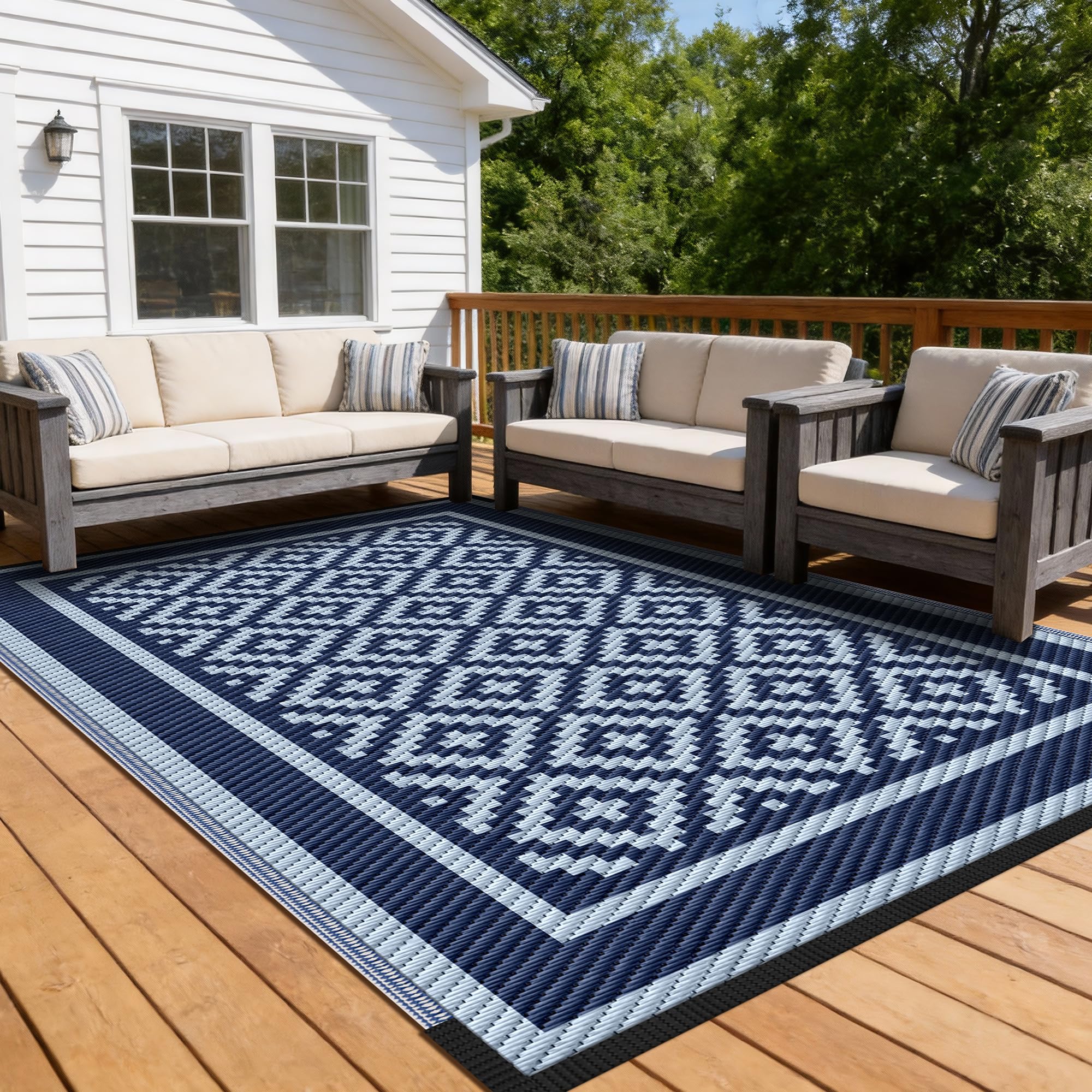 Kohree Outdoor Rug 9x12 Reversible, Waterproof Outdoor Plastic Straw Rug RV Patio Mat, Non-Slip Easy-Cleaning RV Outdoor Mat Carpet for Deck, Patio, Camping, Balcony, Deck, Backyard (Grey & White)