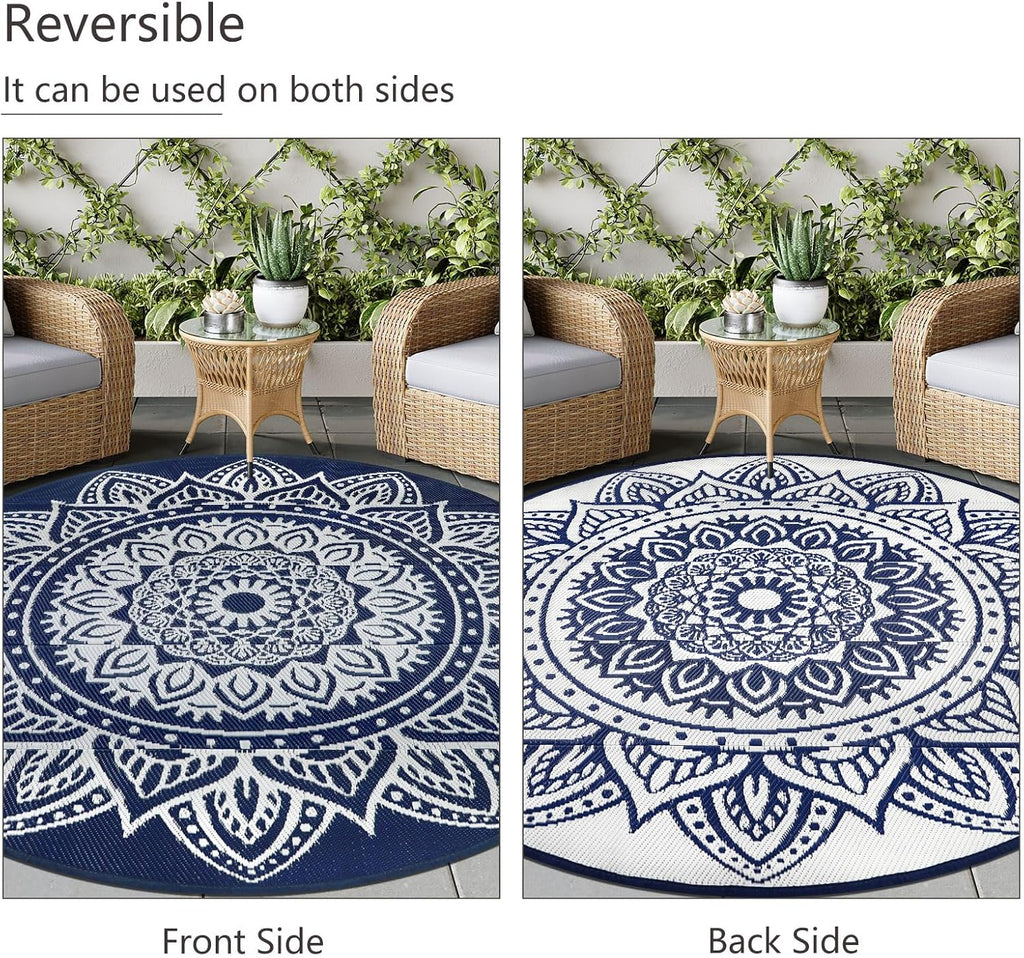 famibay 6 Ft Round Boho Outdoor Plastic Straw Rug, Waterproof, Portable, Reversible, UV-Resistant, Patio, Porch, Camping, Dark Blue