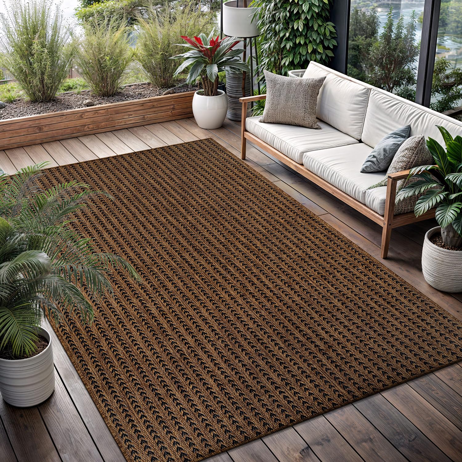 Washable Outdoor Rug 5x7 Modern Area Rugs Outdoor Carpets Striped Pattern Non Shedding Waterproof Easy Clean Patio Deck Porch Living Room Bedroom Garden RV (5 X 7 Olive)