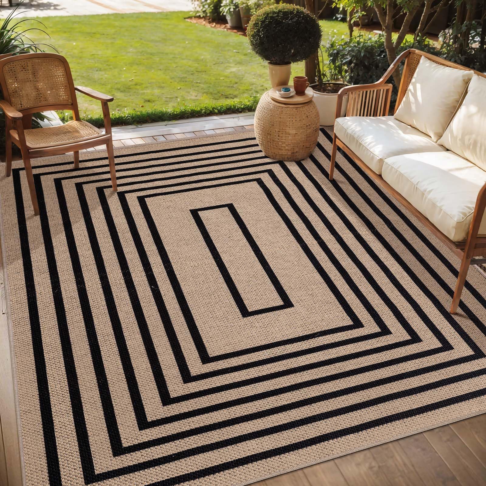 Tangsoo Rainbow Easy Jute Rug 5x7 Large Washable Area Rug for Living Room,Black Non-Slip Thin Outdoor Rug,Modern Farmhouse Indoor Carpet for Dining Room Table Bedroom Patio