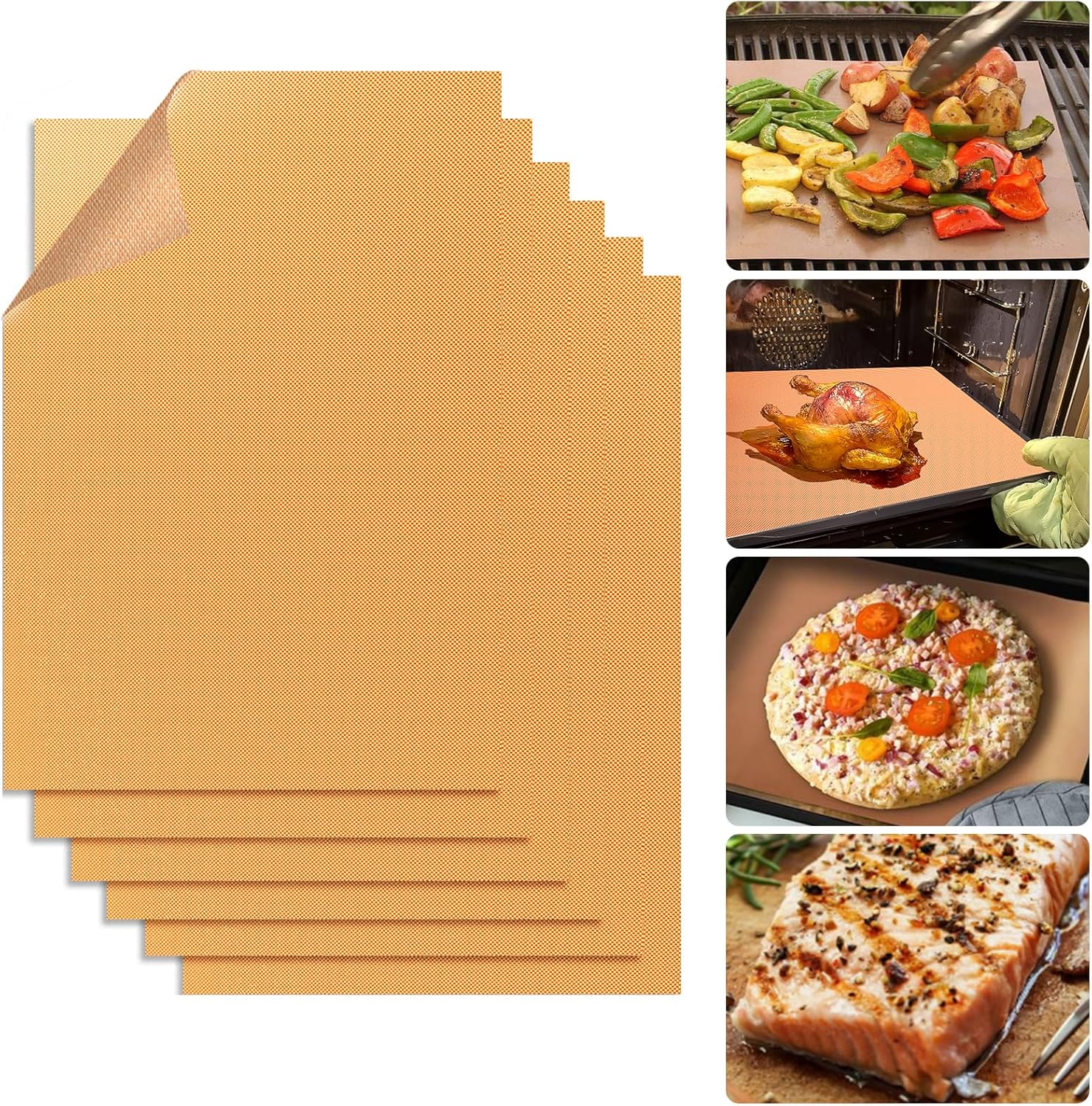 Copper Grill Mats for Ourdoor Grill Set of 6,Heavy Duty Non-Stick BBQ Grill Mats,Reusable & Easy to Clean for Gas,Charcoal & Electric Grills-15.75 x 13 Inch