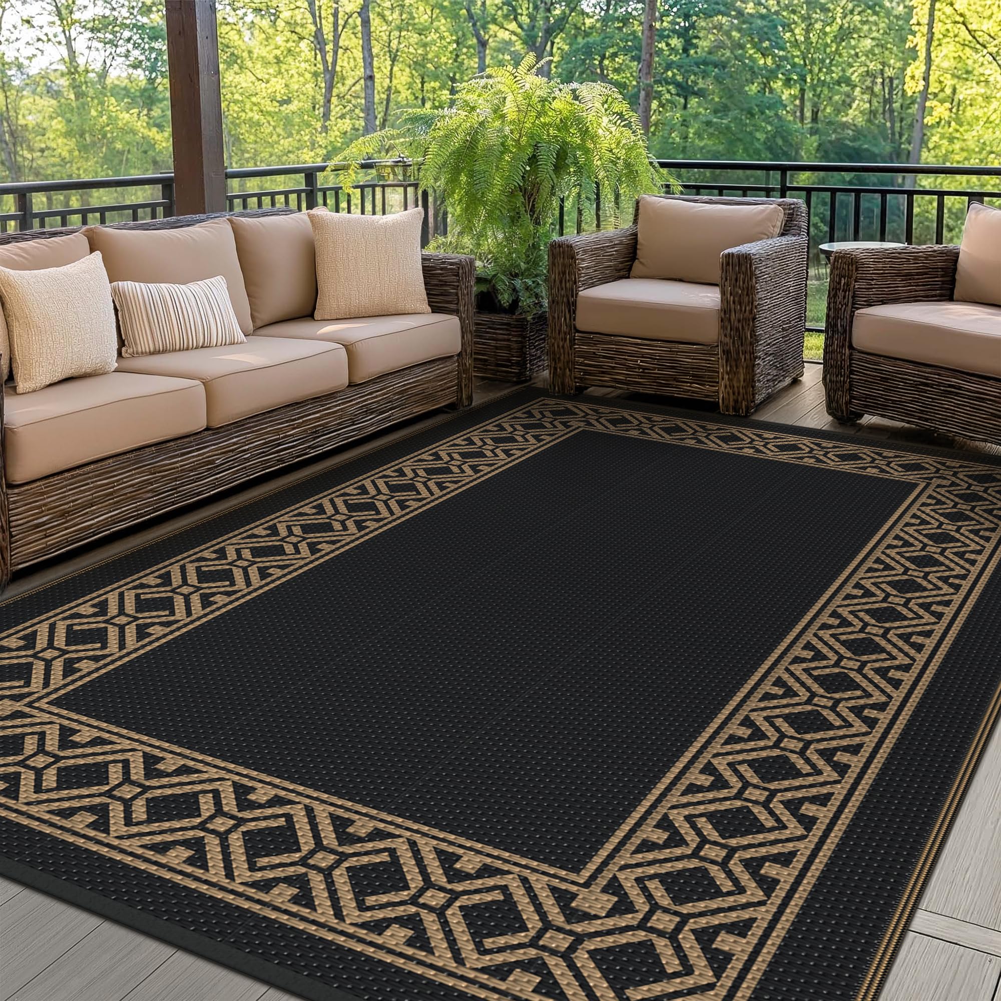 GENIMO Outdoor Rug Waterproof for Patio Decor, 5'x8' Reversible Plastic Straw Rug Carpet, Camping Mat for Outdoor, RV, Backyard, Deck, Balcony, Picnic, Beach, Coffee & Beige