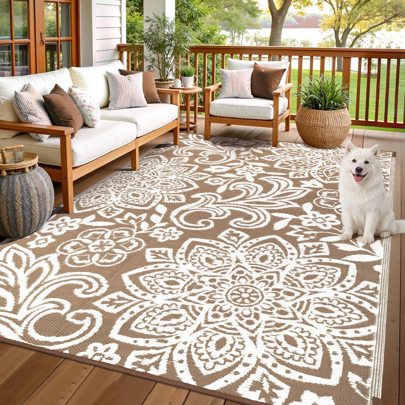 Findosom Waterproof Outdoor Rug 8' x 10' - Reversible Mandala Outdoor Plastic Straw Rug, Durable Foldable Patio Rug for RV, Deck, Balcony, Backyard, Picnic, Porch, Camping, Beach, Gray