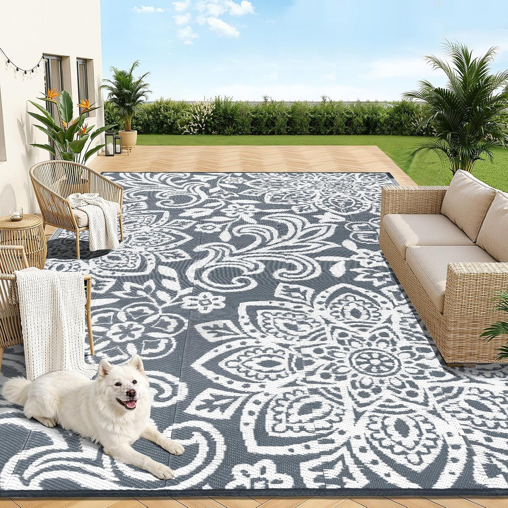Findosom Waterproof Outdoor Rug 8' x 10' - Reversible Mandala Outdoor Plastic Straw Rug, Durable Foldable Patio Rug for RV, Deck, Balcony, Backyard, Picnic, Porch, Camping, Beach, Gray