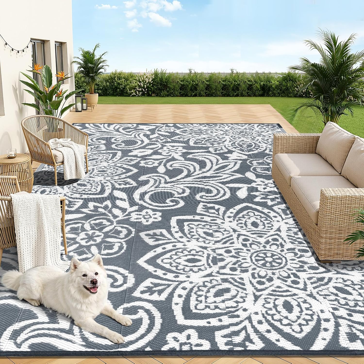 Findosom Waterproof Outdoor Rug 8' x 10' - Reversible Mandala Outdoor Plastic Straw Rug, Durable Foldable Patio Rug for RV, Deck, Balcony, Backyard, Picnic, Porch, Camping, Beach, Gray