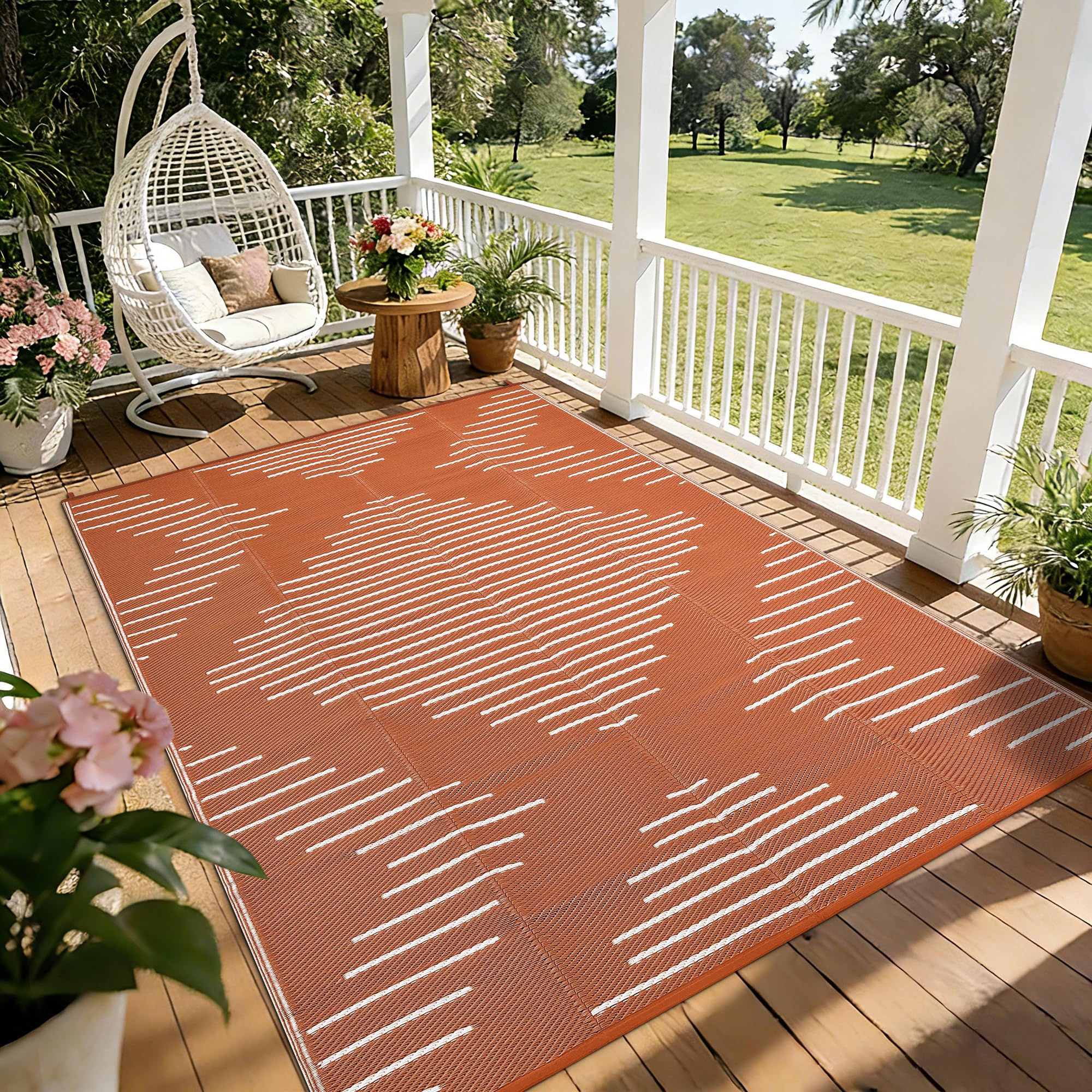 Garvee 6x9 Area Rugs Plastic Reversible Patio Rugs Outdoor Waterproof Easy-Cleaning Large Floor Mat for Outdoors Backyard Porch RV Beach Picnic Black White