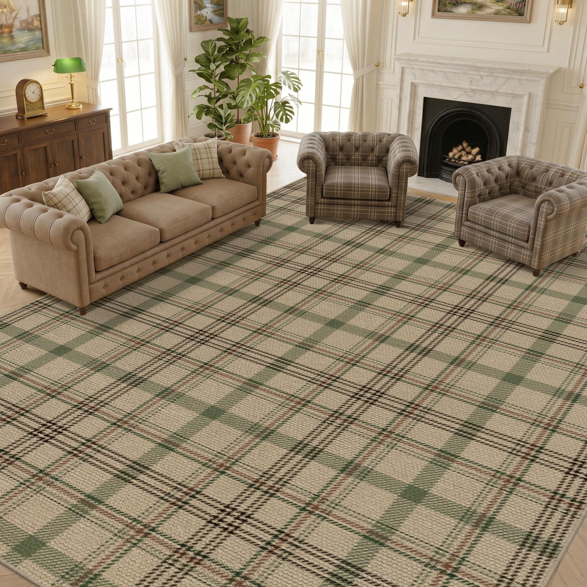 Washable Plaid Indoor Outdoor Rug 3x5 for Front Porch, Entryway, Patio, No Shed Easy Jute Non Slip TPR Backing Area Rug for Large Kitchen, Farmhouse Black & Tan Checkered Seegrass Aesthetic