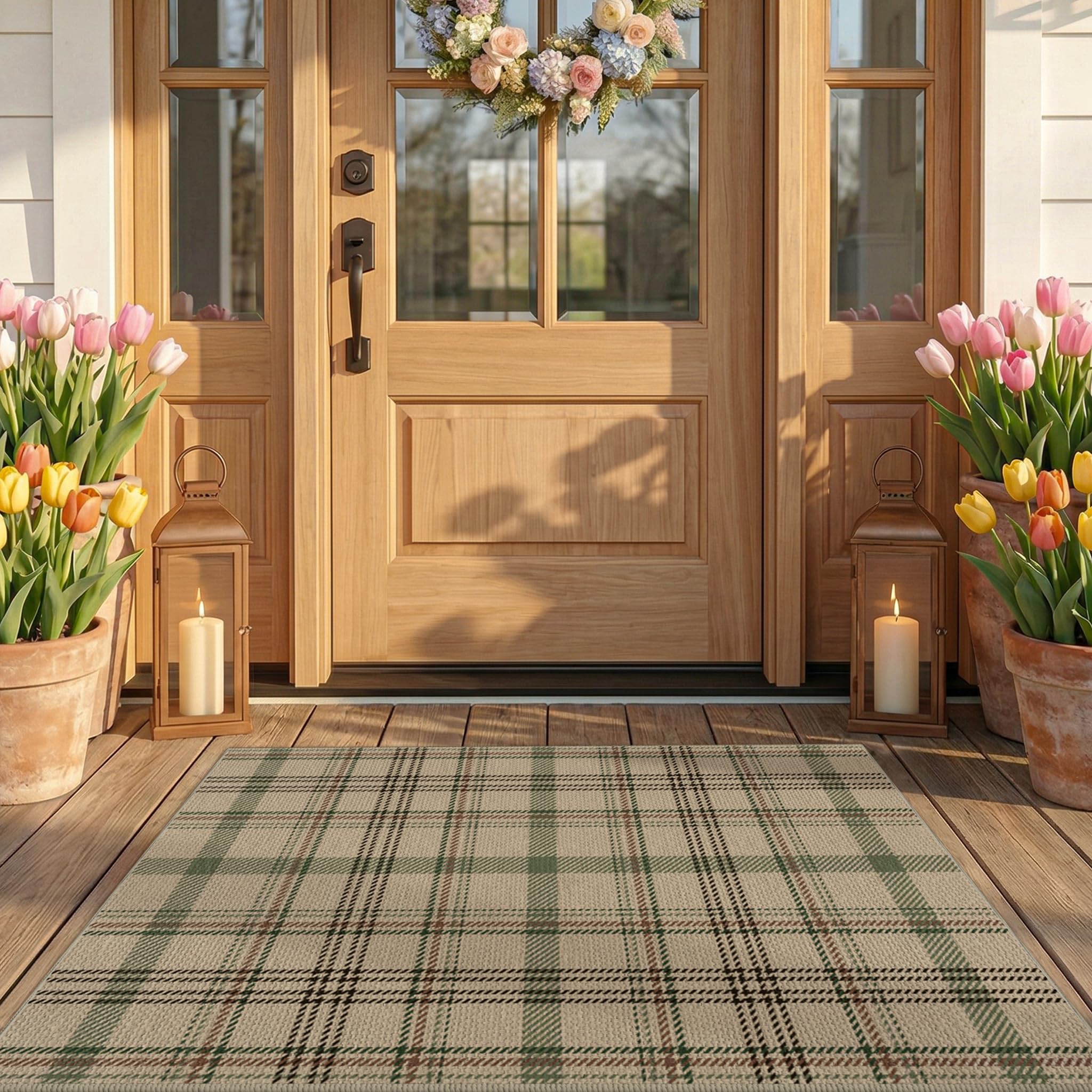 Washable Plaid Indoor Outdoor Rug 3x5 for Front Porch, Entryway, Patio, No Shed Easy Jute Non Slip TPR Backing Area Rug for Large Kitchen, Farmhouse Black & Tan Checkered Seegrass Aesthetic