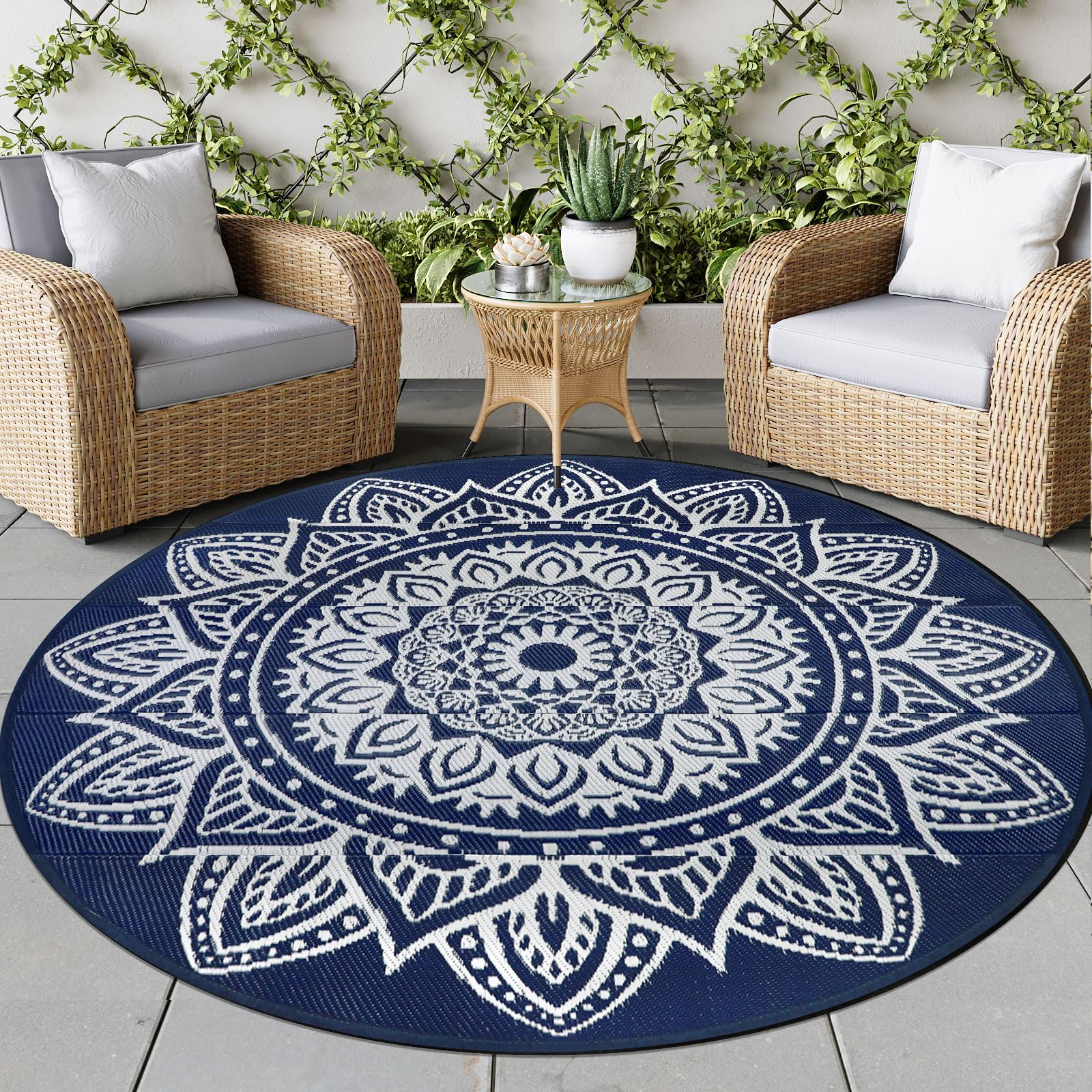 famibay 6 Ft Round Boho Outdoor Plastic Straw Rug, Waterproof, Portable, Reversible, UV-Resistant, Patio, Porch, Camping, Dark Blue
