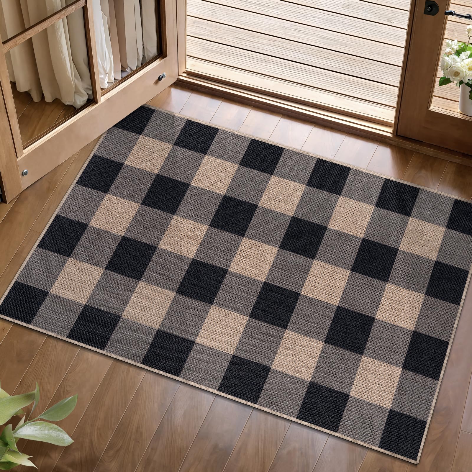 Tangsoo Rainbow Easy Jute Rug 5x7 Large Washable Area Rug for Living Room,Black Non-Slip Thin Outdoor Rug,Modern Farmhouse Indoor Carpet for Dining Room Table Bedroom Patio