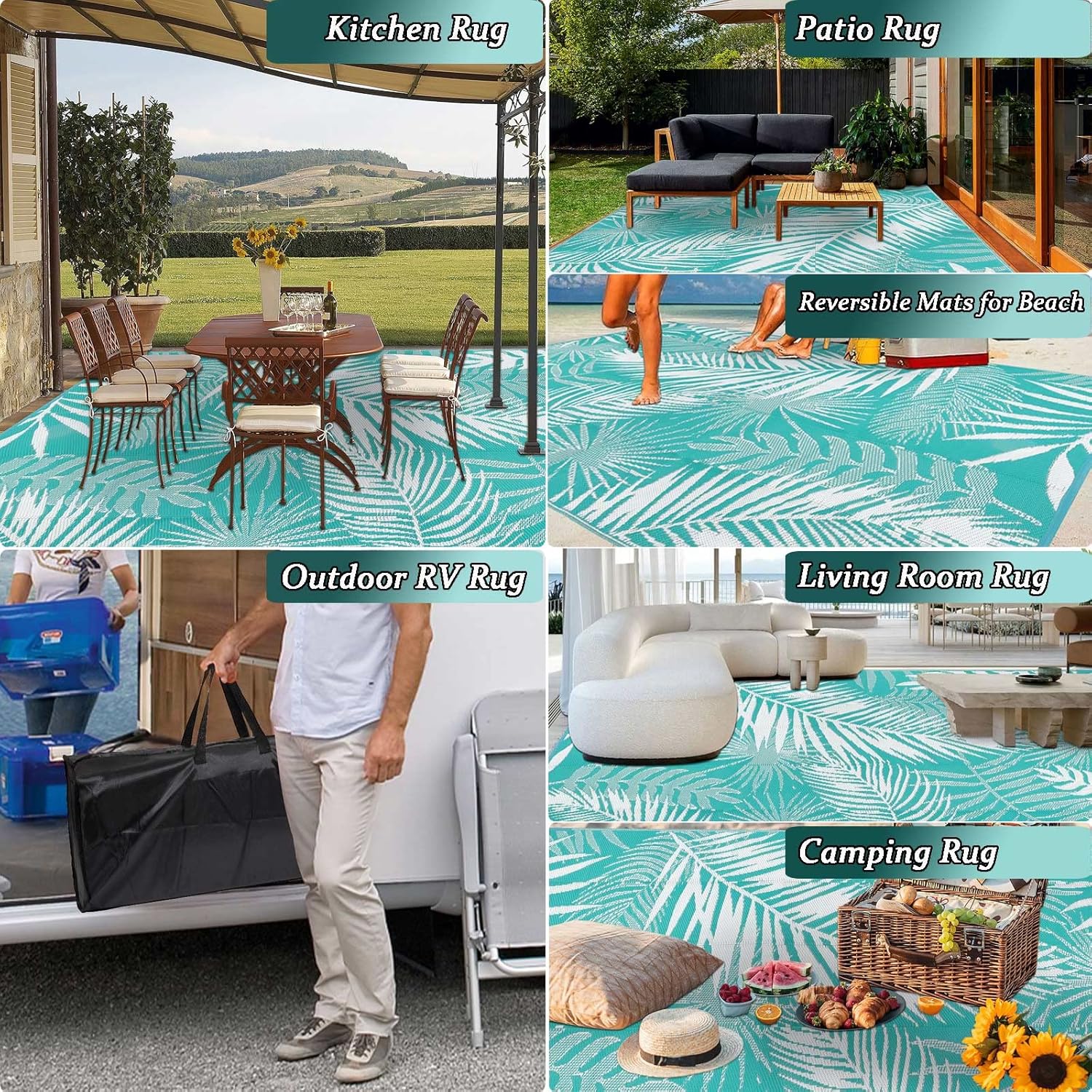 Outdoor Rug for Patios Clearance, 6x9 Waterproof RV Rugs for Outside, Reversible Plastic Straw Mat Large Quick Drying Outdoor Rugs for Deck Trailers Campers Porch Beach Backyard,Teal & White