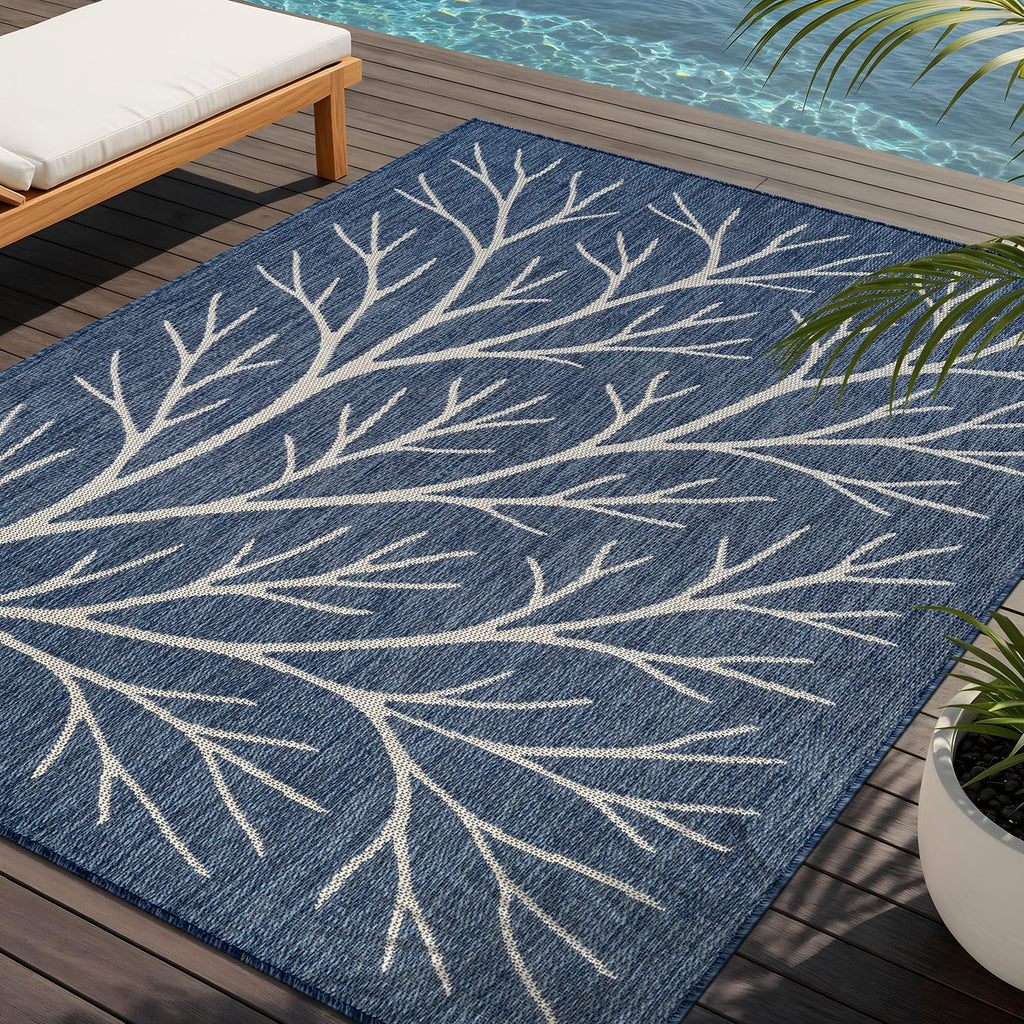 Washable Indoor Outdoor Rug 6x9 Modern Area Rugs Branch Pattern Non Shedding Waterproof Easy Clean Patio Deck Porch Living Room Bedroom Garden RV (6 X 9 Blue)