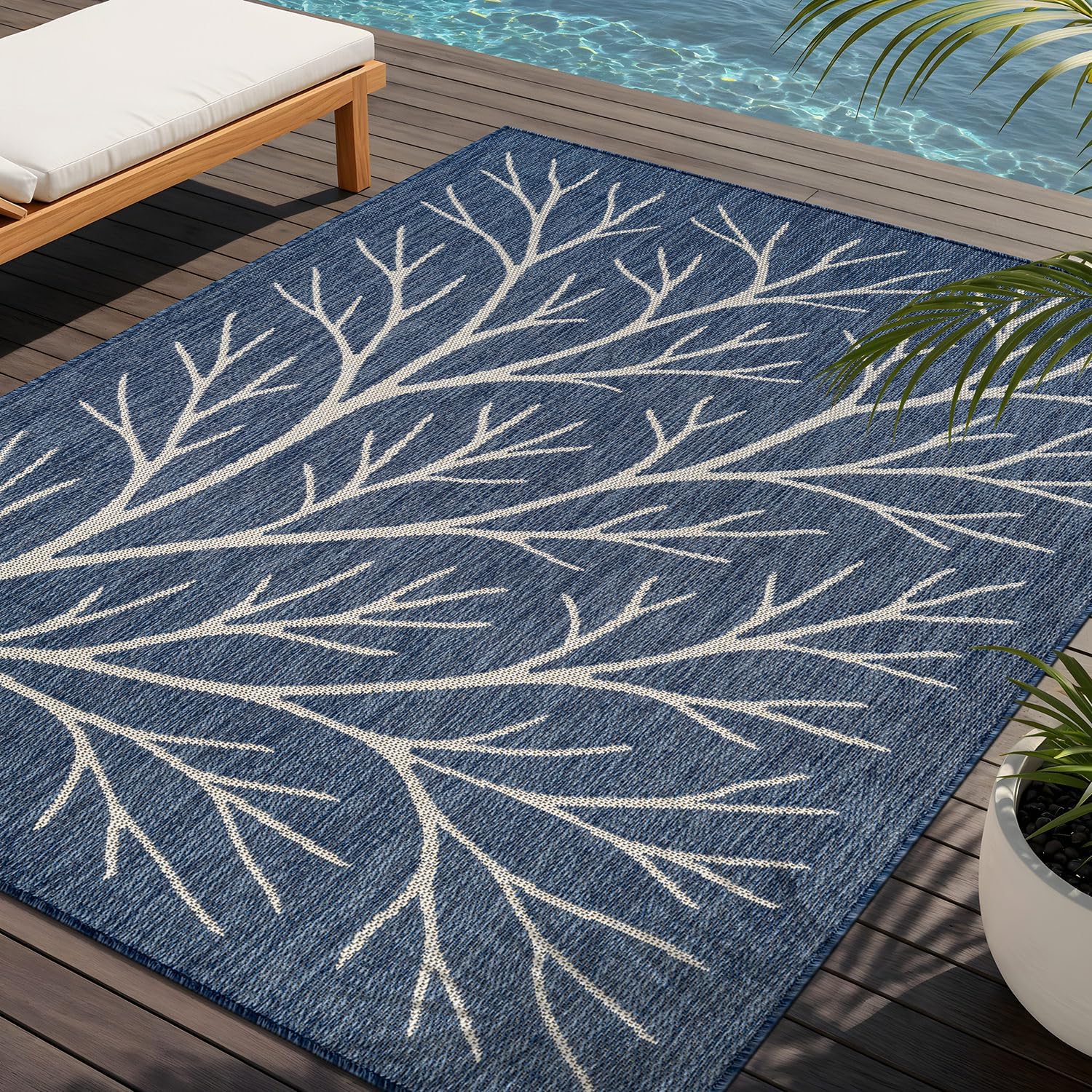 Washable Indoor Outdoor Rug 6x9 Modern Area Rugs Branch Pattern Non Shedding Waterproof Easy Clean Patio Deck Porch Living Room Bedroom Garden RV (6 X 9 Blue)